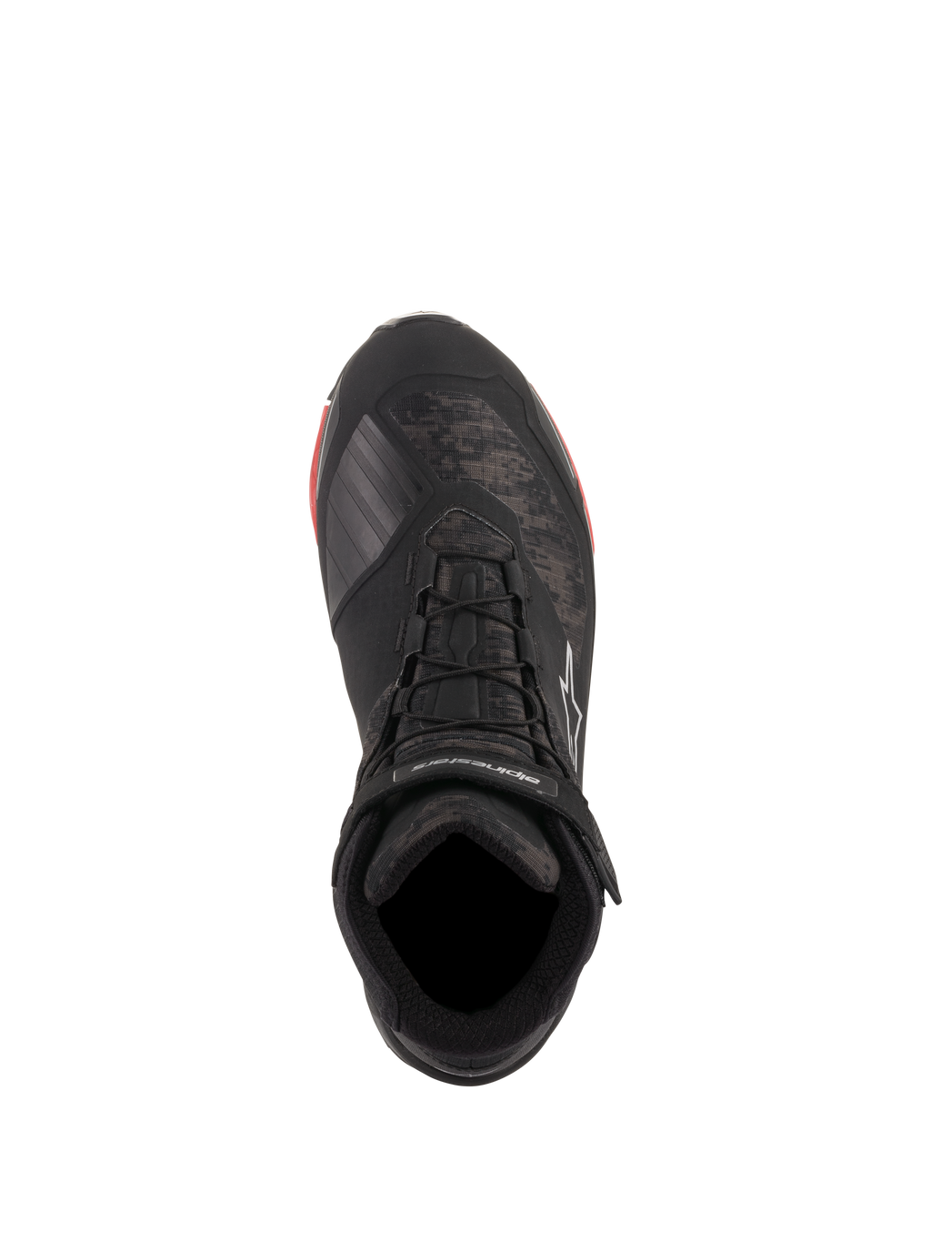 Alpinestars CR-X Drystar® MC-skor, Black Camo Red, vy uppifrån med kamouflagemönster och svarta skosnören, vristrem med vit Alpinestars-logotyp, vattentäta motorcykelskor med röda detaljer på sulan