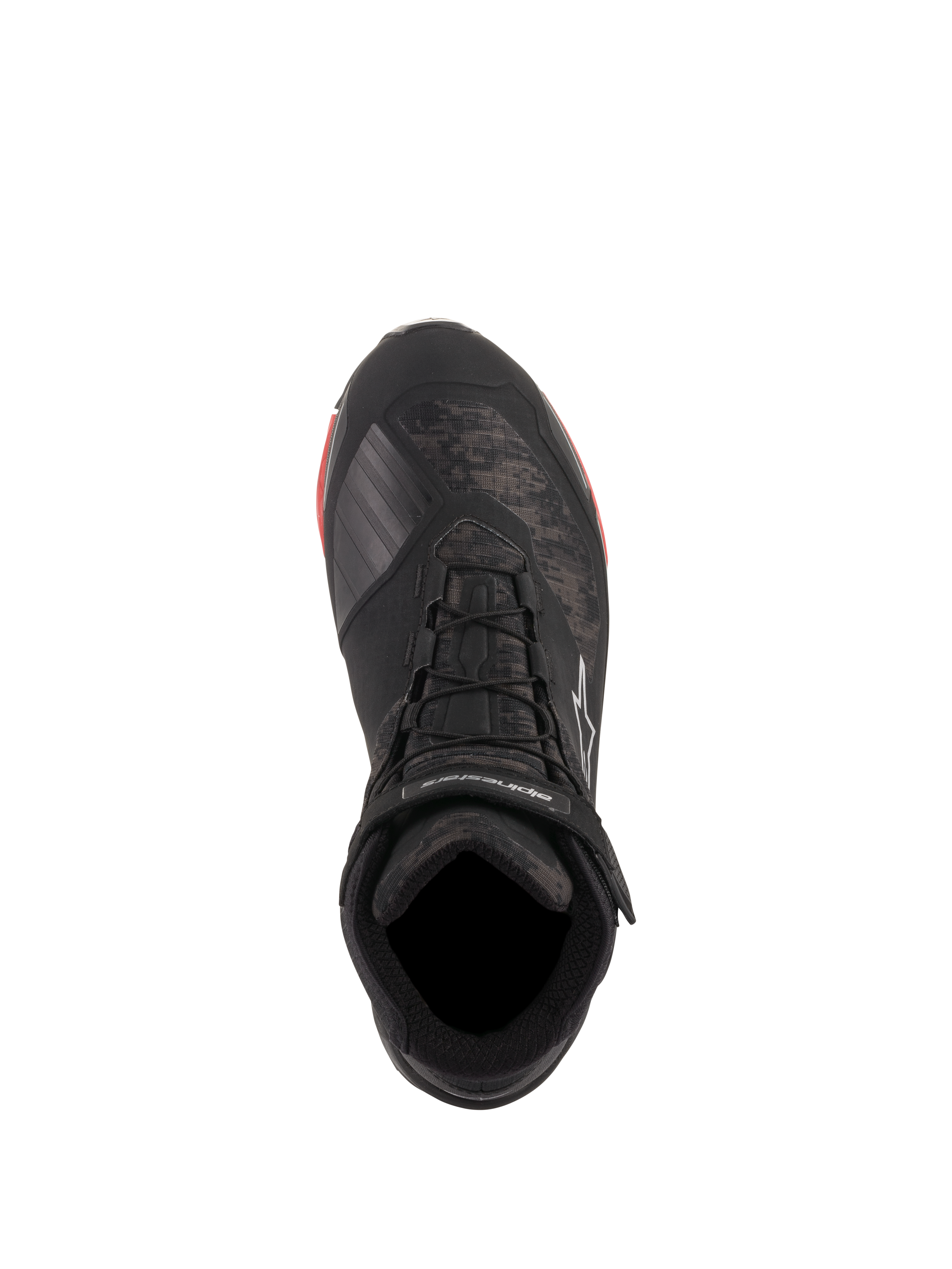 Alpinestars CR-X Drystar® MC-skor, Black Camo Red, vy uppifrån med kamouflagemönster och svarta skosnören, vristrem med vit Alpinestars-logotyp, vattentäta motorcykelskor med röda detaljer på sulan