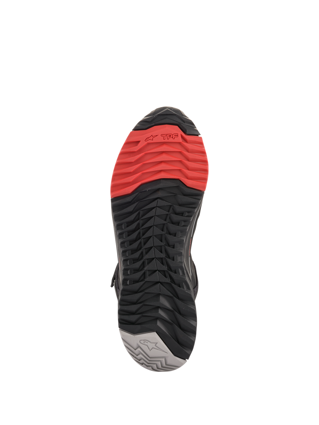 Alpinestars CR-X Drystar® motorcykelskor, vy av sulan, med ett flerfärgat greppmönster med rött vid tån, svart mittsektion och grå häl, aggressiv design för skydd vid körning och gångkomfort.