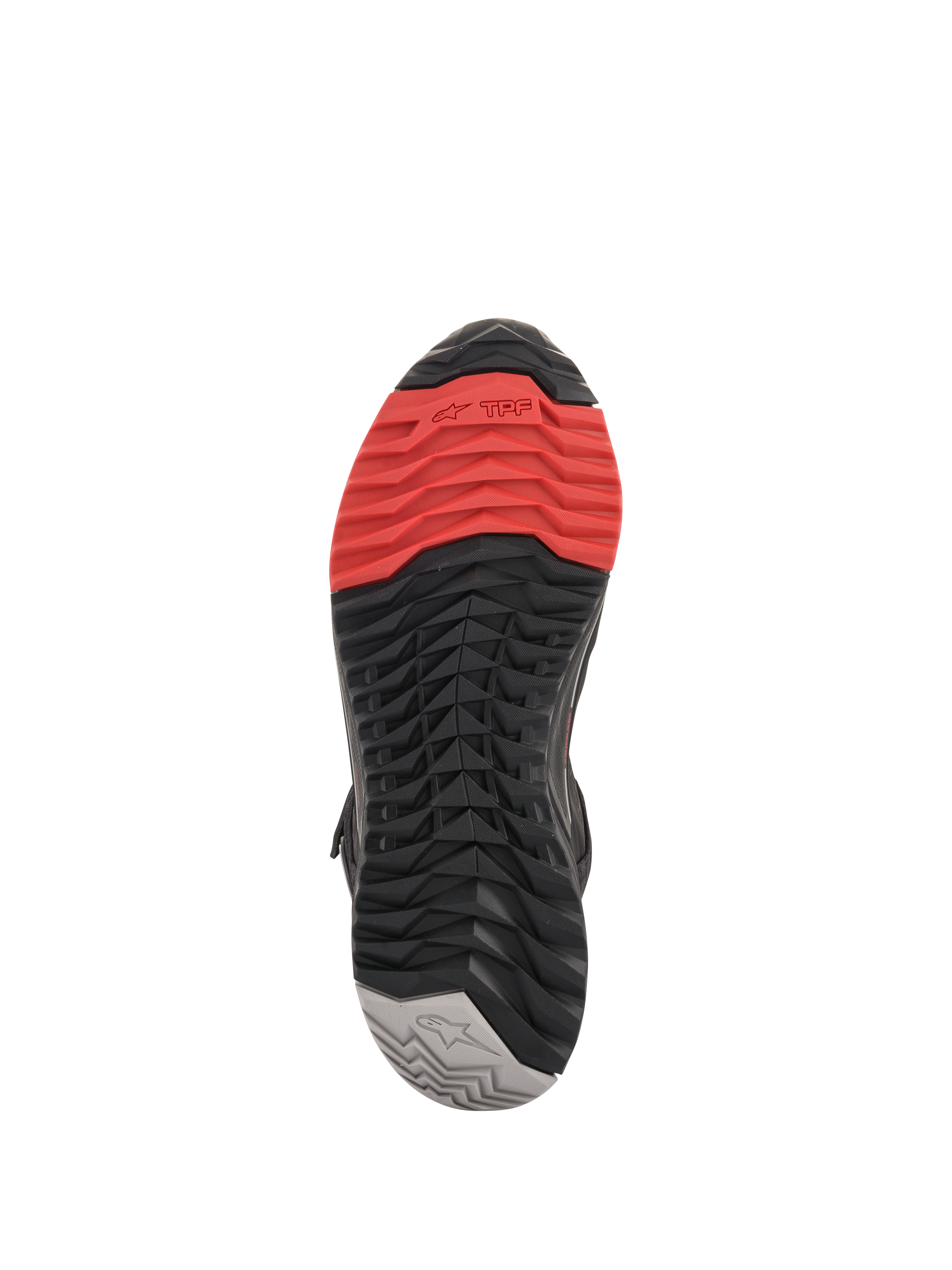 Alpinestars CR-X Drystar® motorcykelskor, vy av sulan, med ett flerfärgat greppmönster med rött vid tån, svart mittsektion och grå häl, aggressiv design för skydd vid körning och gångkomfort.