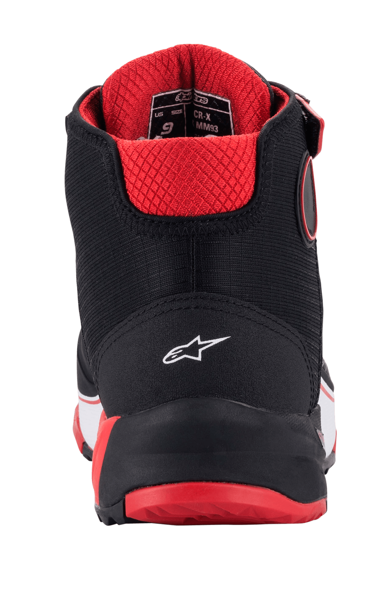 Alpinestars MM93 CR-X Drystar® Riding Shoes, Rear View, Black Red and White, featuring a white star logo on the heel, red quilted inner lining, and red outsole, protective motorcycle footwear