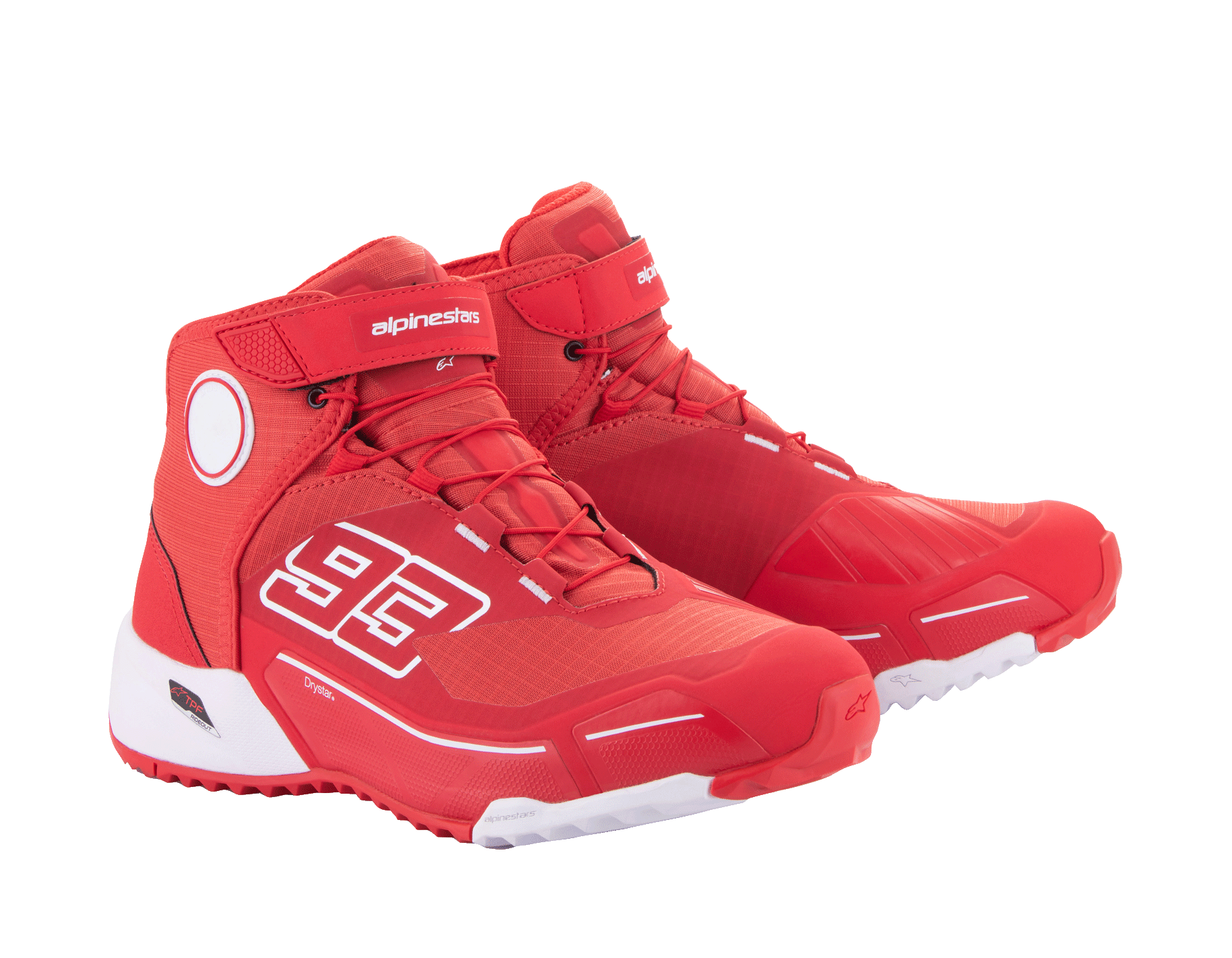 Alpinestars MM93 CR-X Drystar® motorcykelskor, klarröda och vita, sidovy, med '93'-grafik på sidan, Alpinestars-logotyp på remmen, vit teknisk sula och en löparskoinspirerad silhuett för motorcykelkörning