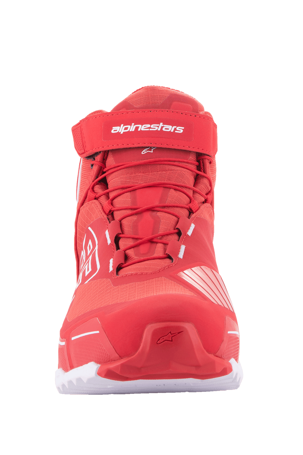 Alpinestars MM93 CR-X Drystar® motorcykelskor, mc-skor, klarröda och vita, sedda framifrån med röda skosnören, kardborreband vid ankeln med vit Alpinestars-logotyp, sportig löparskoinspirerad siluett