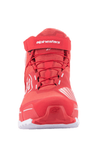 Alpinestars MM93 CR-X Drystar® motorcykelskor, mc-skor, klarröda och vita, sedda framifrån med röda skosnören, kardborreband vid ankeln med vit Alpinestars-logotyp, sportig löparskoinspirerad siluett