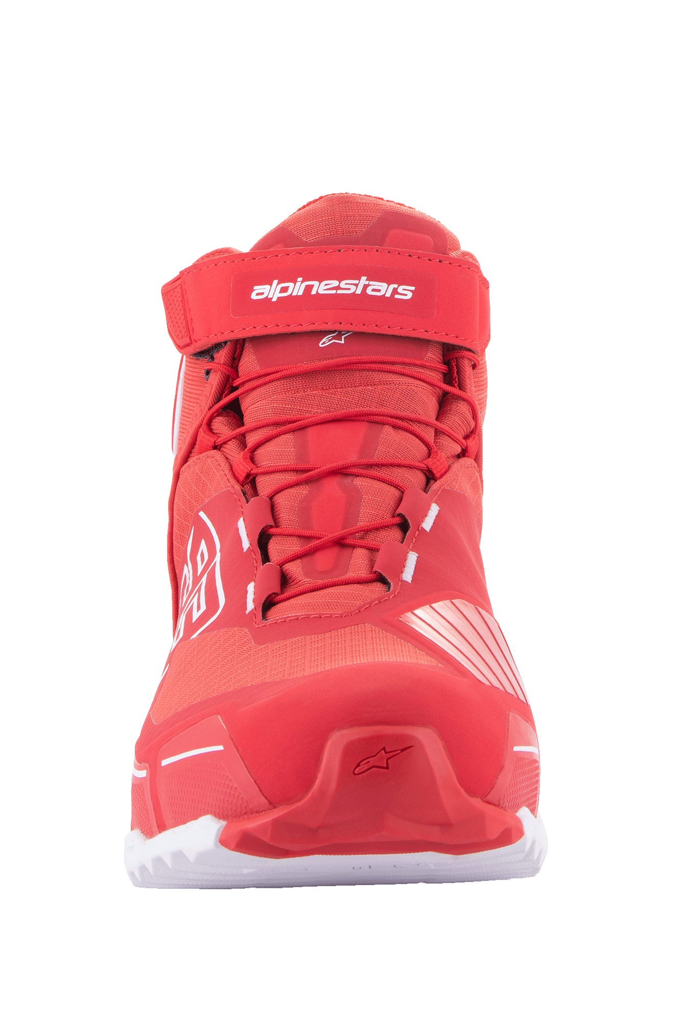 Alpinestars MM93 CR-X Drystar® motorcykelskor, mc-skor, klarröda och vita, sedda framifrån med röda skosnören, kardborreband vid ankeln med vit Alpinestars-logotyp, sportig löparskoinspirerad siluett