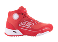 Alpinestars MM93 CR-X Drystar ridingskor, urban motorcykelsko, klarröd och vit, hög design med Marc Marquez nummer 93, vattentät Drystar-teknik, ovandel i texturerat tyg med vit EVA-mellansula och röd gummisula, kardborreband och snörning