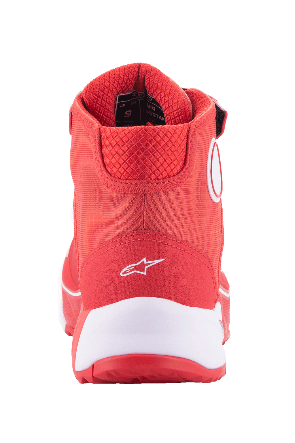 Alpinestars MM93 CR-X Drystar® MC-skor, klarröd och vit, baksida av hälen med en vit Alpinestars-logotyp, tjock vit mellansula och vadderad röd mesh-krage