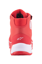 Alpinestars MM93 CR-X Drystar® MC-skor, klarröd och vit, baksida av hälen med en vit Alpinestars-logotyp, tjock vit mellansula och vadderad röd mesh-krage