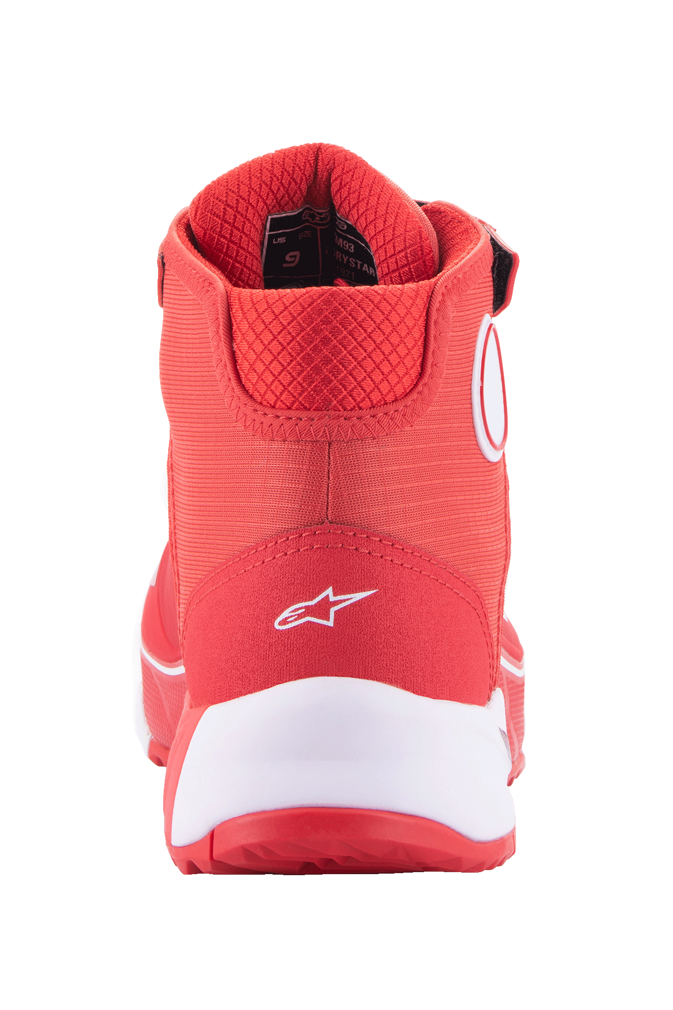 Alpinestars MM93 CR-X Drystar® MC-skor, klarröd och vit, baksida av hälen med en vit Alpinestars-logotyp, tjock vit mellansula och vadderad röd mesh-krage