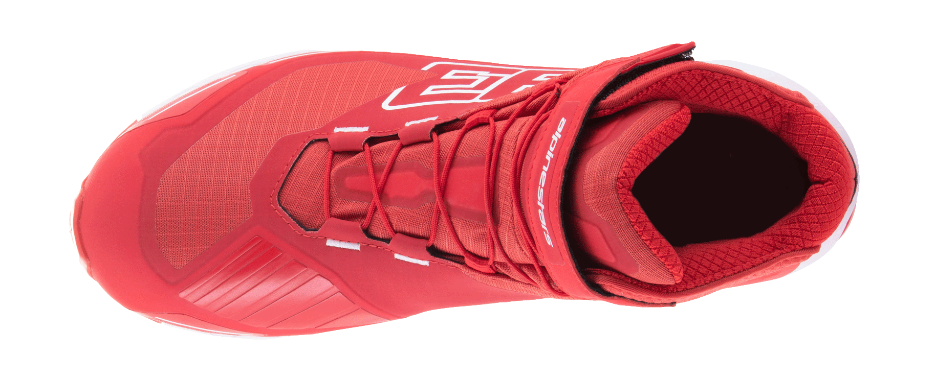 Alpinestars MM93 CR-X Drystar motorcykelsko, klarröd och vit, vy uppifrån som visar snörningssystem och justerbar vristrem, stor 93-grafik och Alpinestars-logotyp, vattentät sko med löparskoinspirerad design