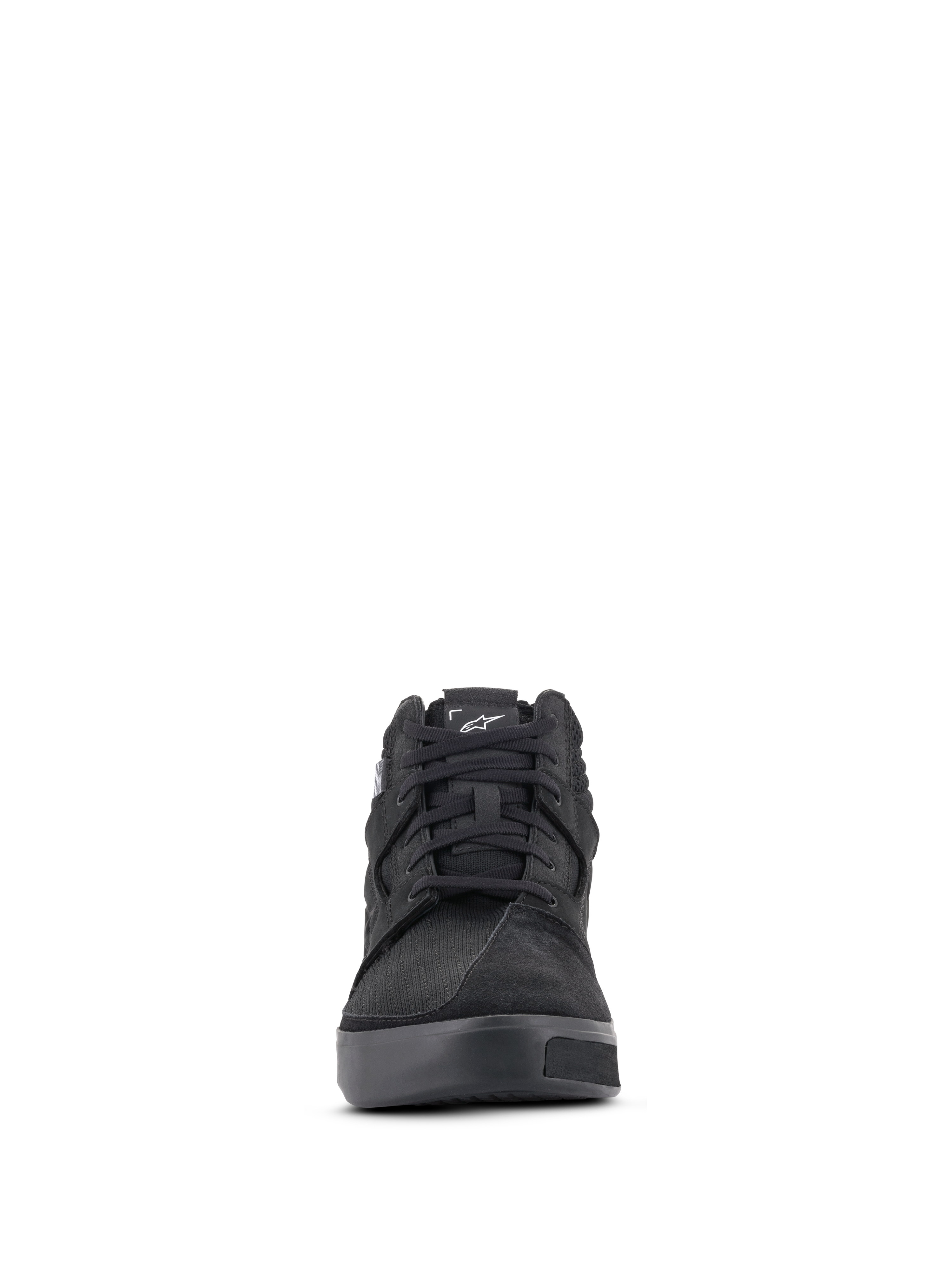Alpinestars Primer Riding Shoes, Black, Front view of casual urban motorcycle footwear featuring a suede and textile upper, black laces, and a white Astar logo on the tongue.