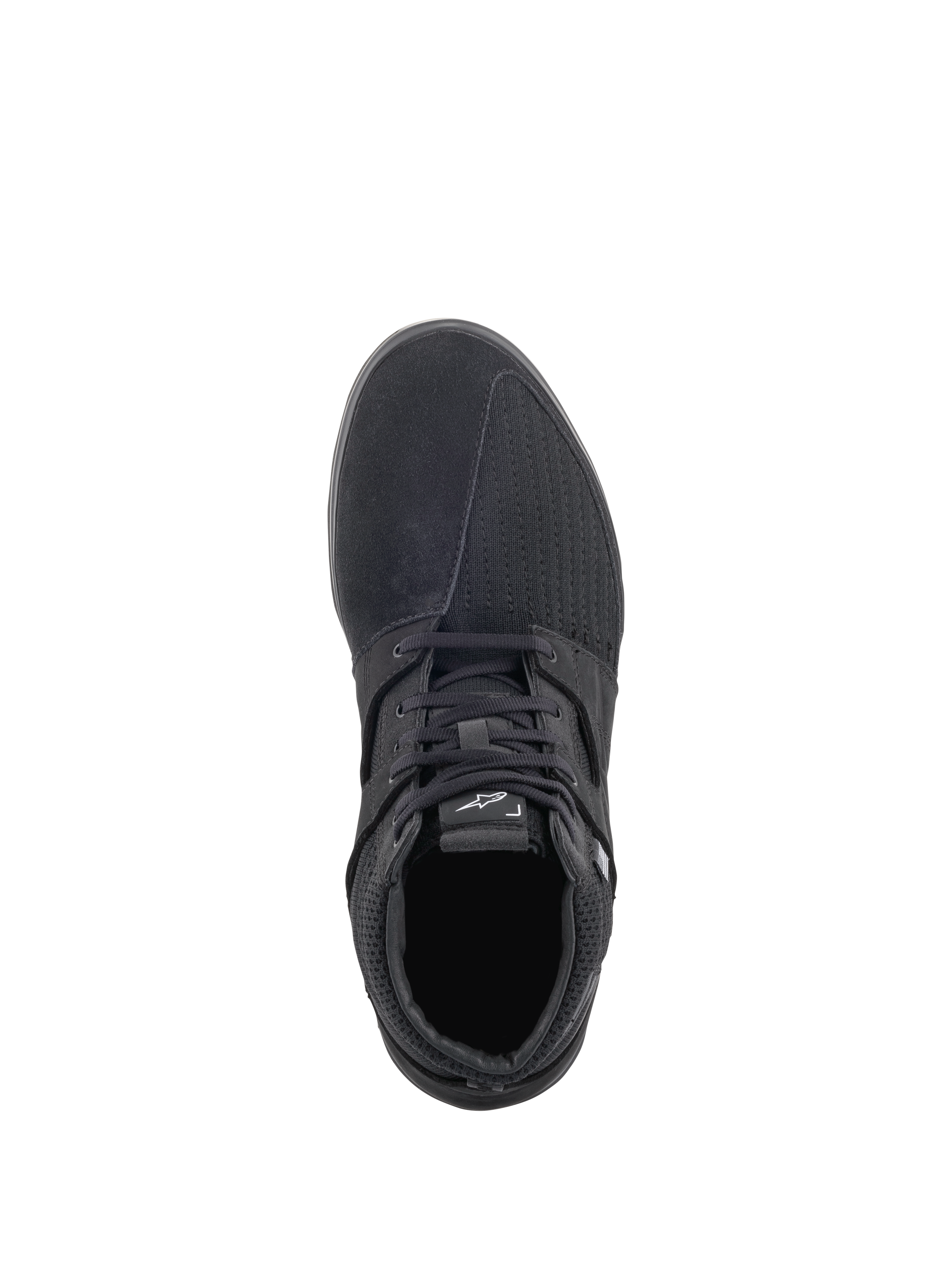 Alpinestars Primer Riding Shoes, Black, top-down view, casual urban motorcycle footwear featuring a mixed-material upper with suede and mesh panels, lace-up closure, and a white Alpinestars logo on the tongue