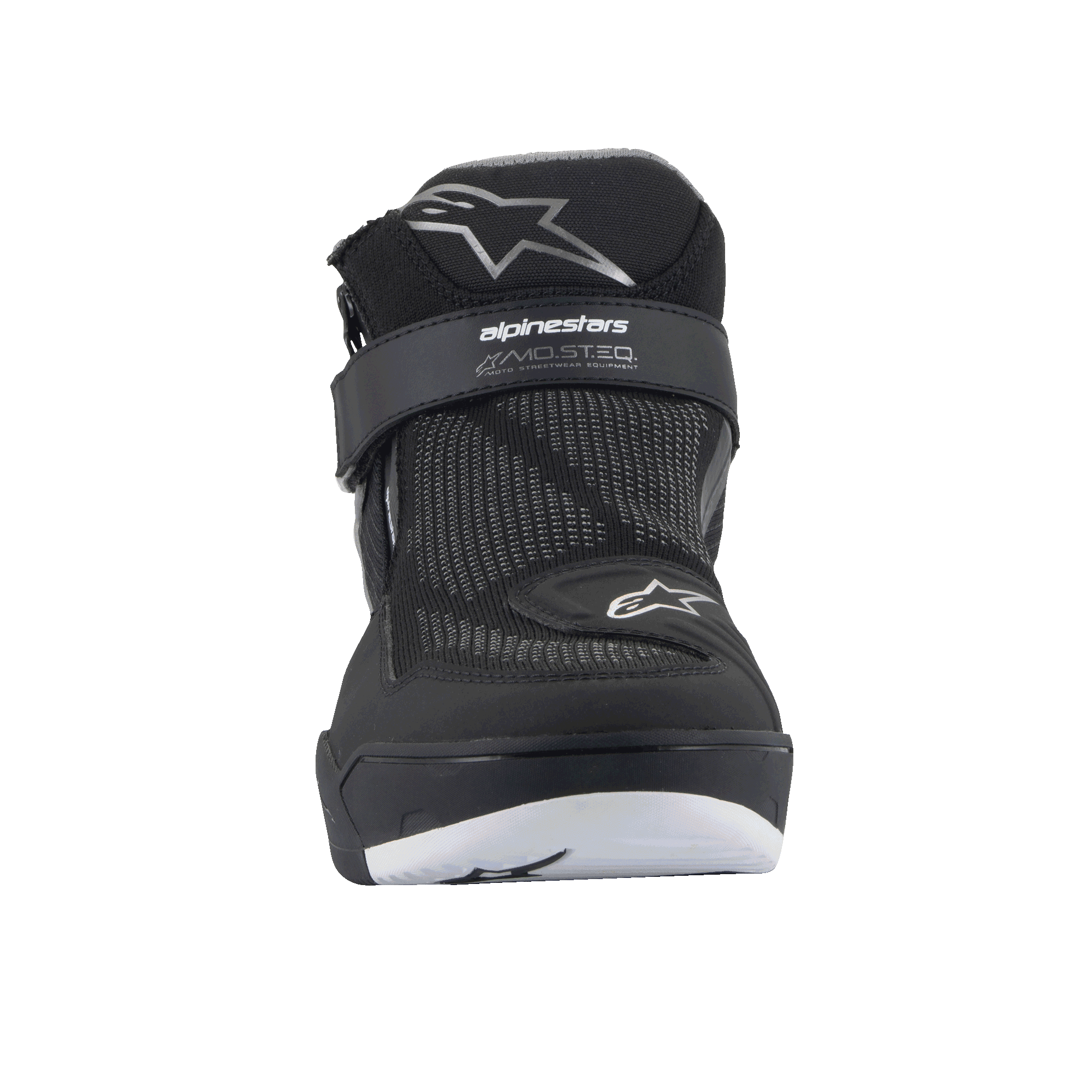 Alpinestars Speedflight Street Shoes, Black Gun Metal, front view featuring mesh upper, hook-and-loop ankle strap with MO.ST.EQ. branding, and star logos, contemporary urban motorcycle riding shoes