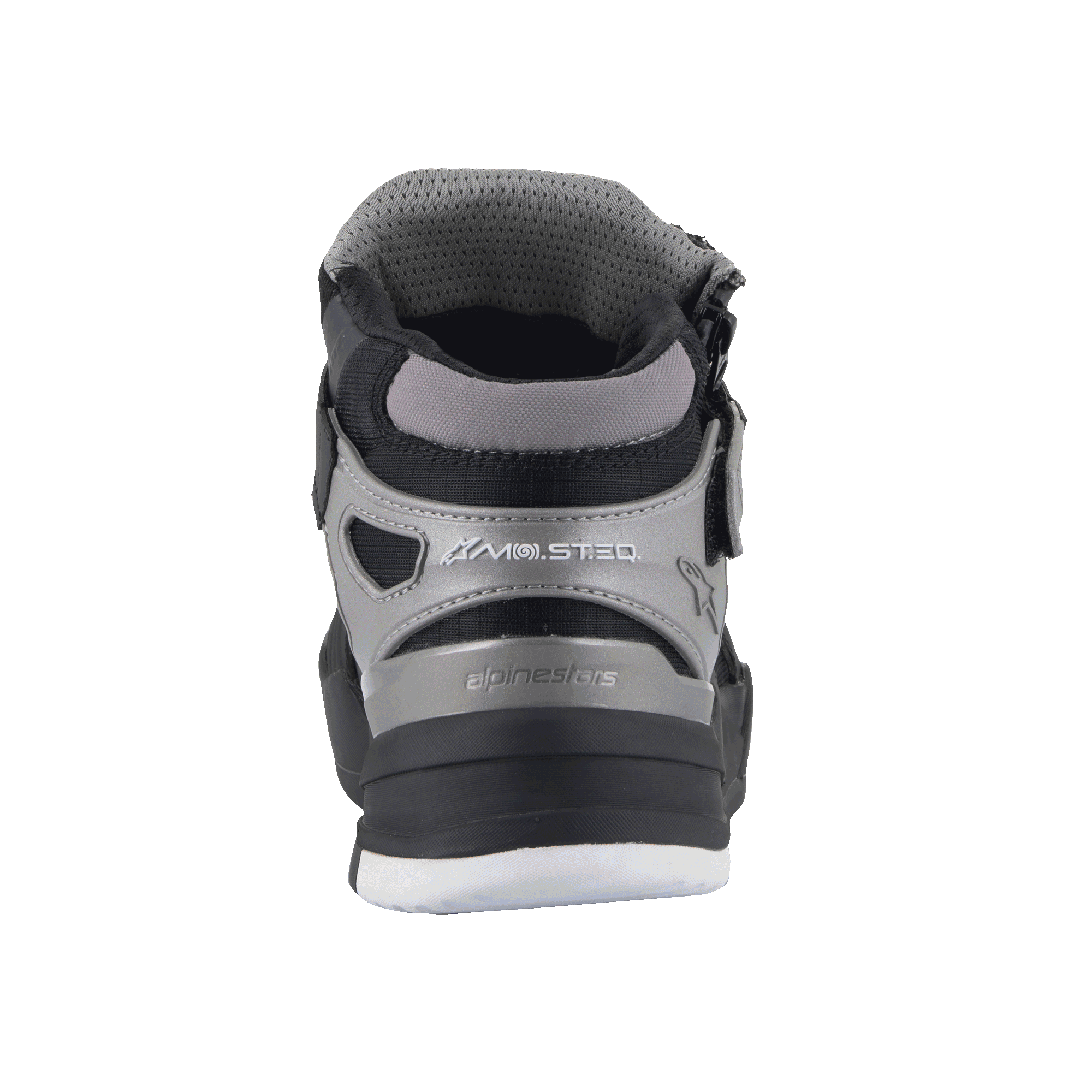 Alpinestars Speedflight Street Shoes, Black Gun Metal, rear view of urban motorcycle riding shoe, featuring MO.ST.EQ branding on the heel, gray and black mesh and synthetic panels, durable textured sole.