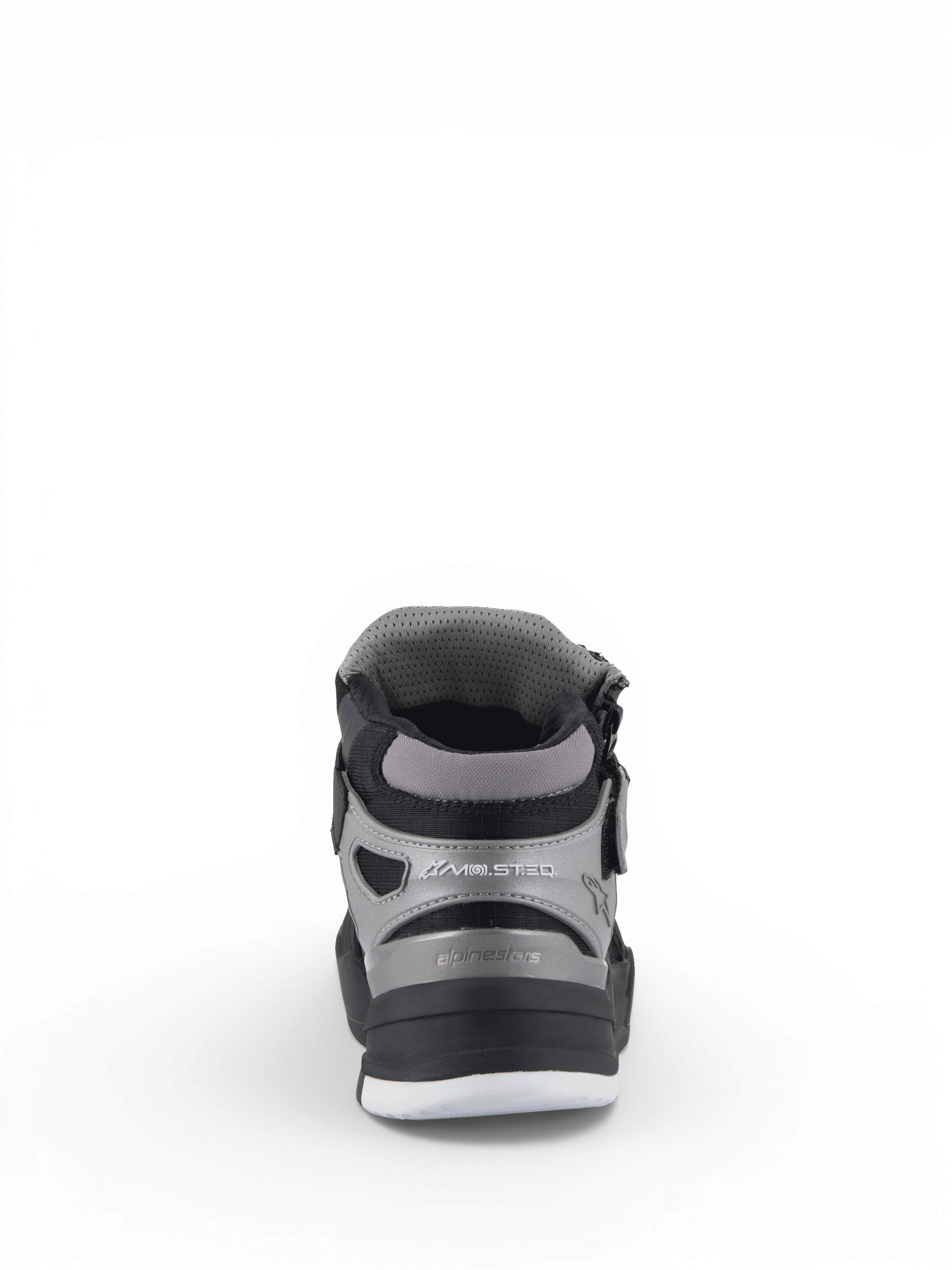 Alpinestars Speedflight Street skor, urbana motorcykelstövlar i svart och gun metal, vy bakifrån med ankelskydd.