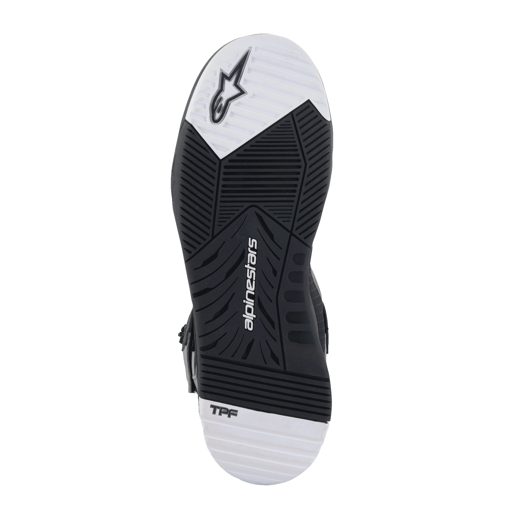 Alpinestars Speedflight Street Shoes, sole view, Black and White dual density rubber outsole with tapered tread pattern, featuring Alpinestars logo and TPF branding, urban motorcycle footwear