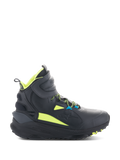 Alpinestars Speedstreet-skor, svarta höga motorcykelsneakers med neongula och blå detaljer, tjock texturerad sula, vadderat skaft och modern sportig design för stadskörning