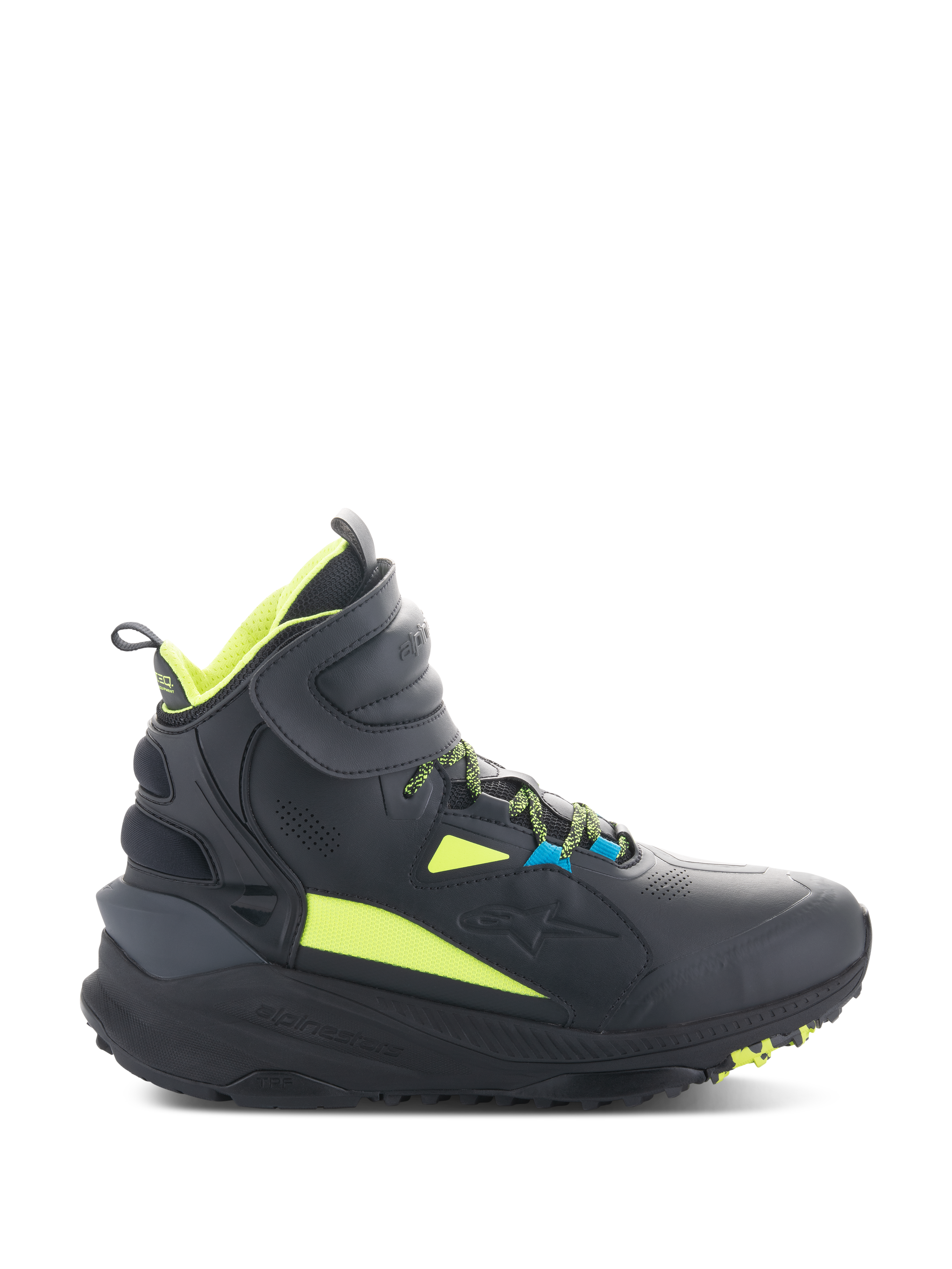 Alpinestars Speedstreet-skor, svarta höga motorcykelsneakers med neongula och blå detaljer, tjock texturerad sula, vadderat skaft och modern sportig design för stadskörning