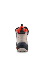 Alpinestars Speedstreet-skor, motorcykelskor, Black Almond och Hot Orange, vy bakifrån som visar förstärkt hälkappa, mandelfärgade mikrofiberpaneler, klart orange innerfoder och MO.ST.EQ.-logotyp