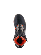 Alpinestars Speedstreet-skor, mc-skor, Black Almond Hot Orange, vy ovanifrån som visar svart ovandel i mikrofiber med orange detaljer, mandelgrå skosnören och ergonomiskt kardborreband, urban motorsport-inspirerad design