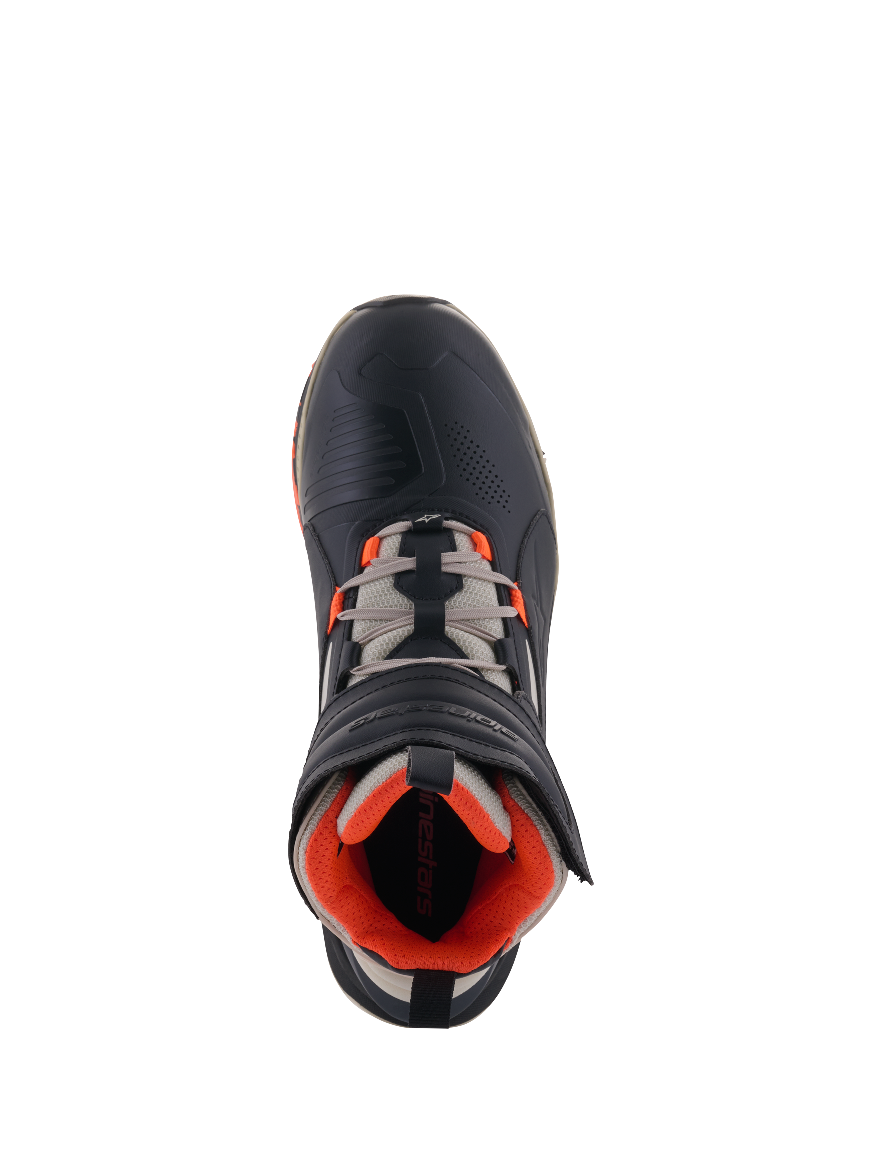 Alpinestars Speedstreet-skor, mc-skor, Black Almond Hot Orange, vy ovanifrån som visar svart ovandel i mikrofiber med orange detaljer, mandelgrå skosnören och ergonomiskt kardborreband, urban motorsport-inspirerad design