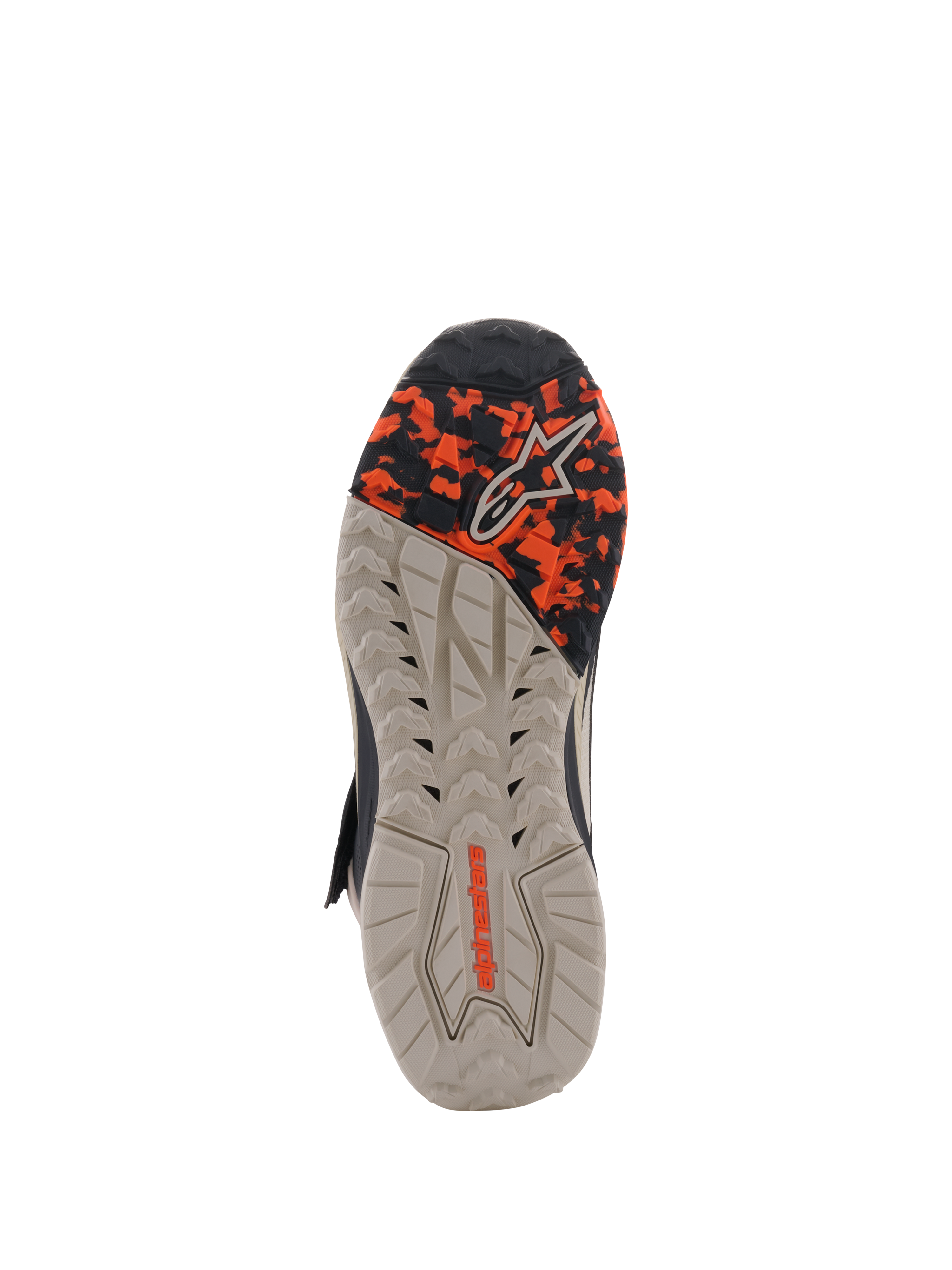Alpinestars Speedstreet-skor, vy av yttersula, Black Almond Hot Orange, med en oljebeständig gummisula med flera texturer, kamouflagemönstrad framfot och präglad Alpinestars-logotyp, designad för grepp och stabilitet.