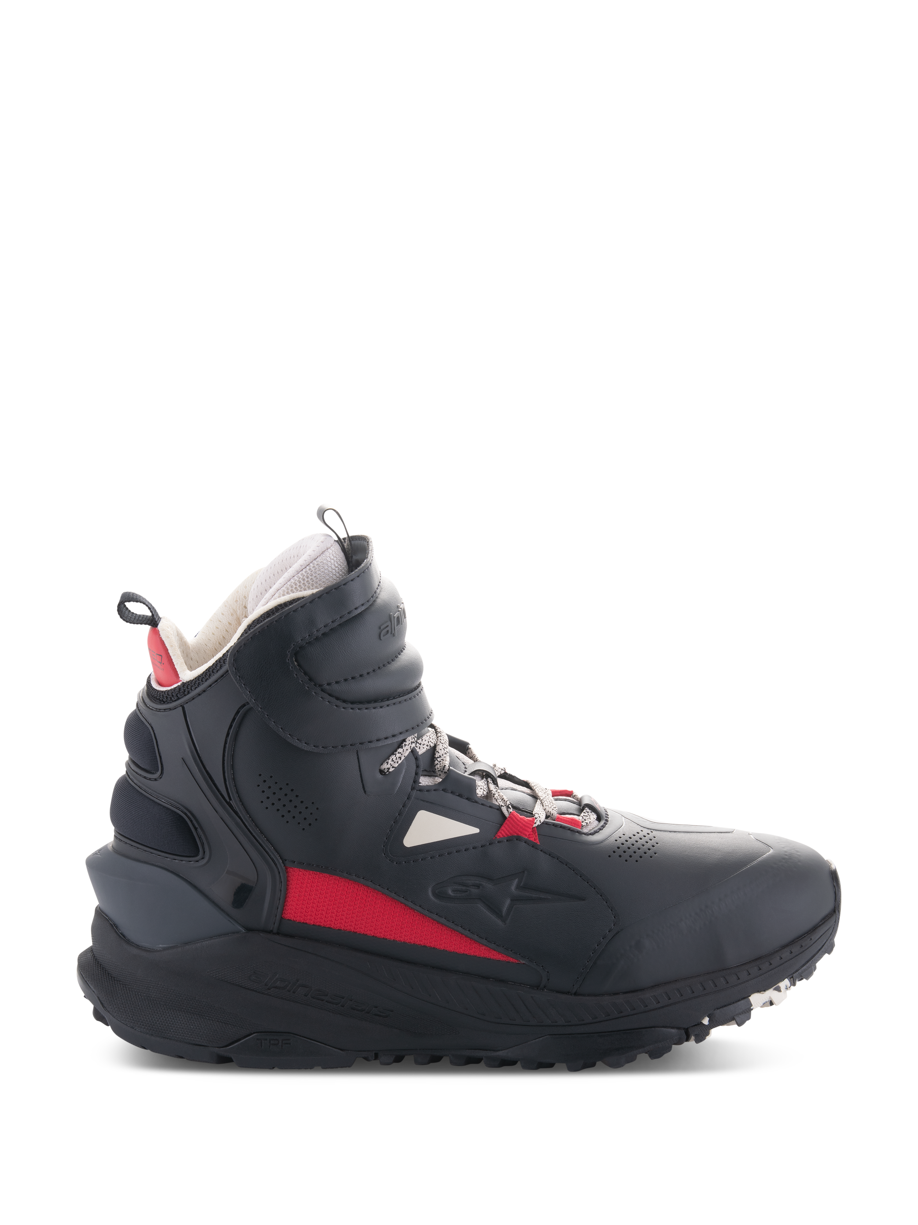 Alpinestars Speedstreet Shoes, Motorcycle Riding Shoes, Black Ecru and Bright Red, high-top side profile, streetwear-inspired design, padded ankle collar, thick sole with TPF marking, protective gear for urban riding