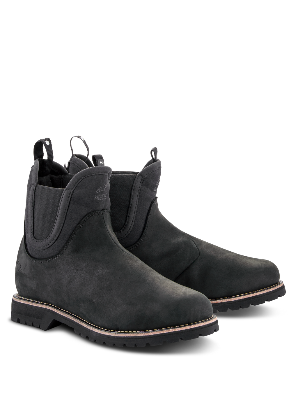 Alpinestars Turnstone Shoes, Black Chelsea-style Motorcycle Boots, matte bovine leather upper with elastic side panels and rear pull tabs, urban riding footwear featuring a rugged lugged sole with white welt stitching