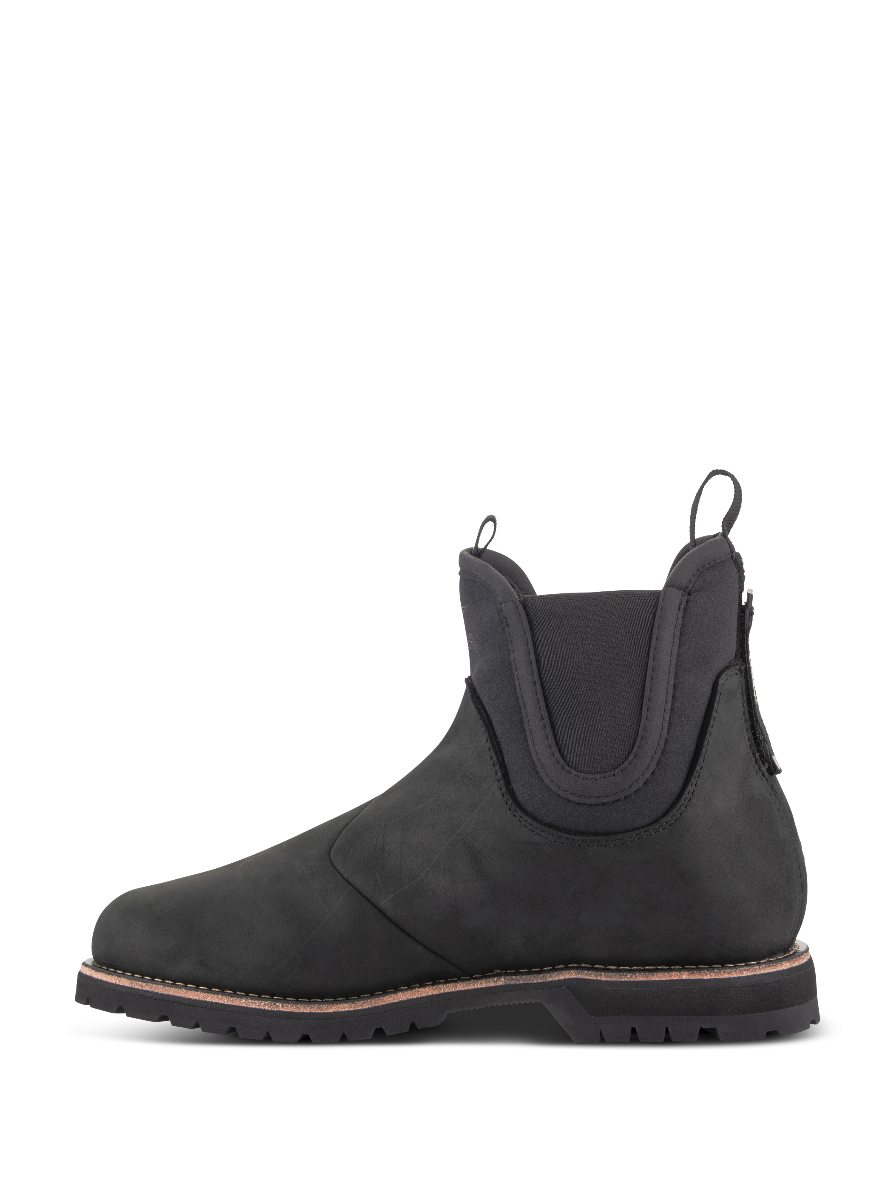 Alpinestars Turnstone Shoes, Black Chelsea-style motorcycle riding boot, side profile view, crafted from 1.5mm bovine leather with elasticated ankle panels and front and rear pull tabs.