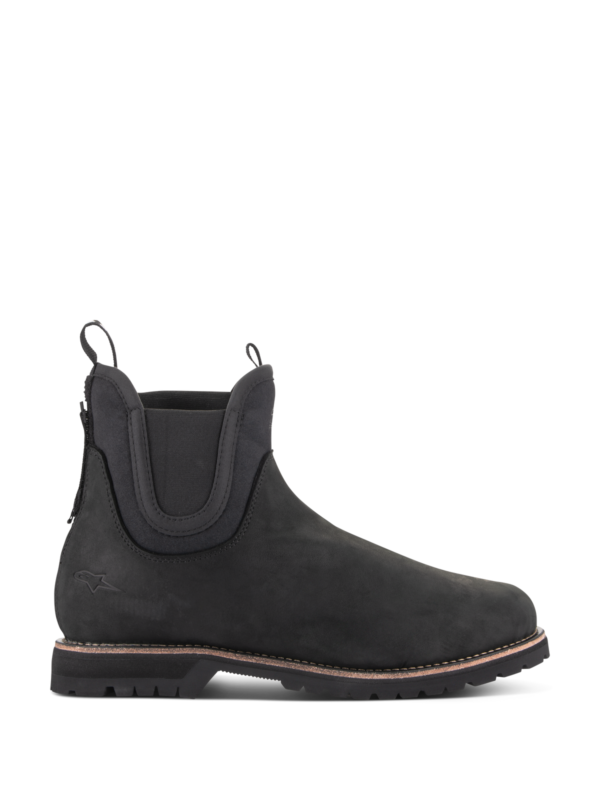 Alpinestars Turnstone Shoes in Black, Chelsea-style motorcycle ankle boots, matte bovine leather with elastic side panels, thick lugged sole featuring a brown welt detail, dual pull tabs, protective urban riding footwear.