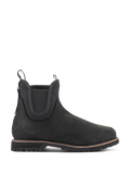 Alpinestars Turnstone Shoes in Black, Chelsea-style motorcycle ankle boots, matte bovine leather with elastic side panels, thick lugged sole featuring a brown welt detail, dual pull tabs, protective urban riding footwear.