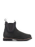 Alpinestars Turnstone Shoes in Black, Chelsea-style motorcycle ankle boots, matte bovine leather with elastic side panels, thick lugged sole featuring a brown welt detail, dual pull tabs, protective urban riding footwear.