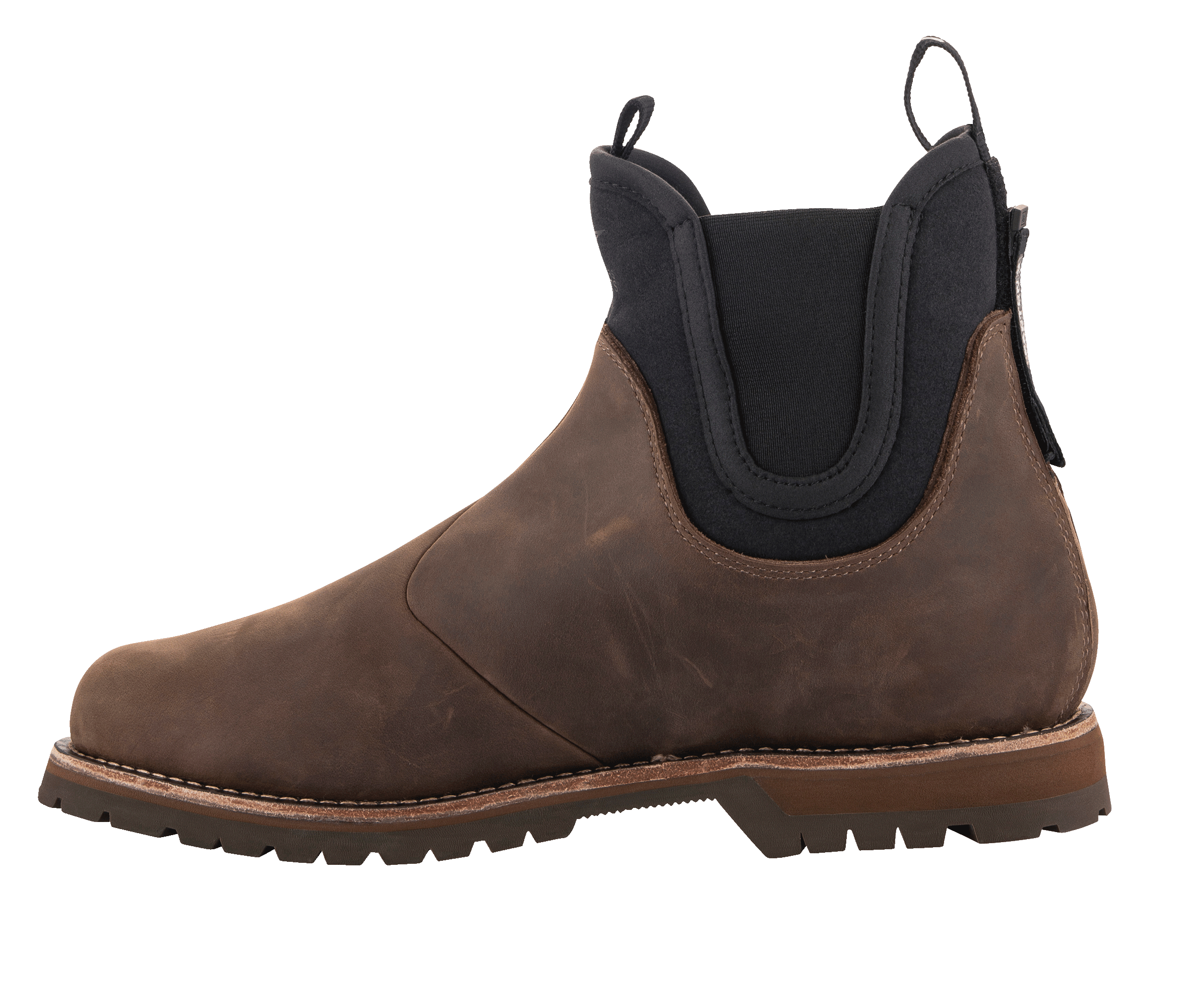 Alpinestars Turnstone Shoes, chocolate brown bovine leather motorcycle boot, Chelsea boot style with black elasticated side panels and pull tabs, rugged lug sole, protective urban riding footwear