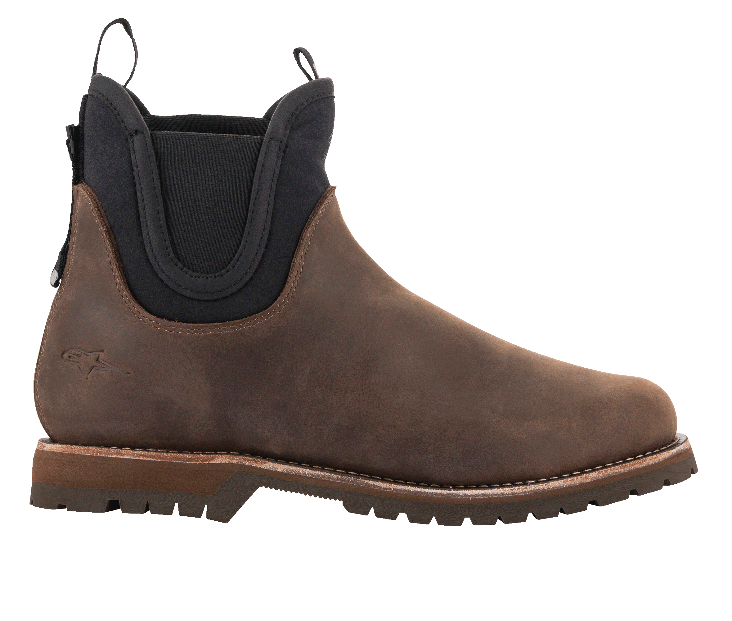 Alpinestars Turnstone-skor, chokladbruna Chelsea-stövlar i läder, urbana motorcykelskor, svarta elastiska sidopaneler, robust mönstrad sula, klassisk siluett