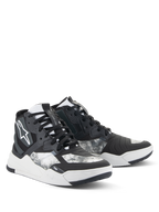 Alpinestars Speedflight Shoes, Motorcycle Riding Shoes, Black Gray and White, featuring a marbled pattern, high-top sneaker design with reinforced panels, white Alpinestars logo, and durable rubber sole