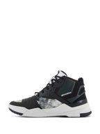 Alpinestars Speedflight Shoes, Motorcycle Riding Shoes, Black Gray and White, side profile view featuring ripstop textile upper with gray patterned panels, black reinforced heel, and thick white midsole with brand logo, urban sport-styled design
