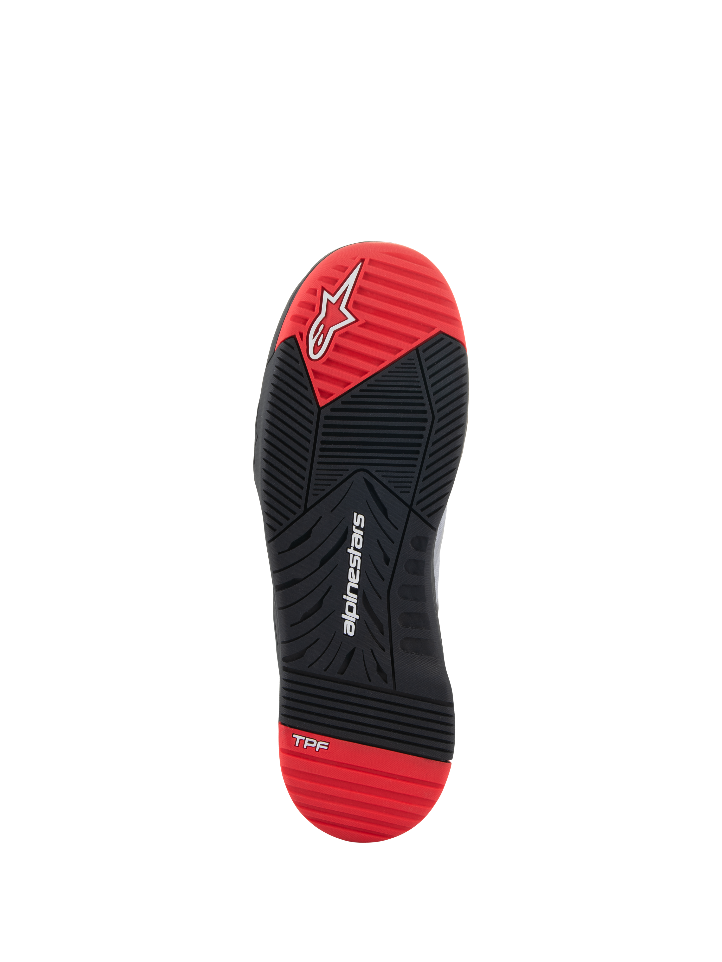 Alpinestars Speedflight-skor, motorcykelskor, vy av undersidan, svart och klarröd, med vit Alpinestars-logotyp och TPF-märke, dubbeldensitets yttersula i gummi med greppmönster i flera riktningar