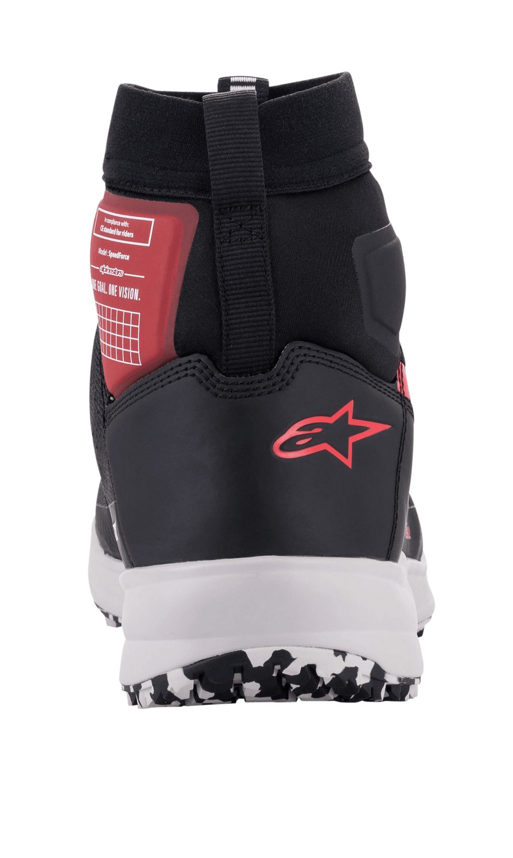 Alpinestars Speedforce-skor, urbana motorcykelskor i svart, vitt och rött, vy bakifrån med den röda Alpinestars-logotypen på hälen, vit mellansula och högt skuret ankelstöd.