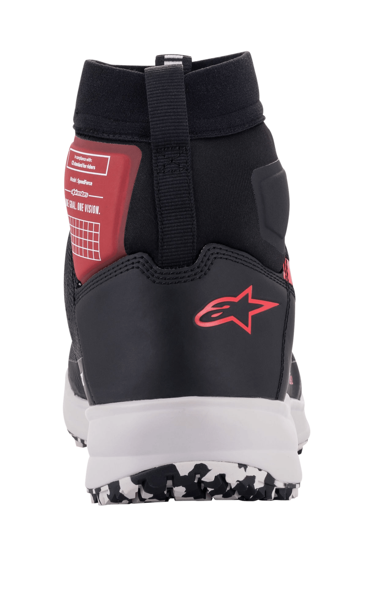 Alpinestars Speedforce-skor, urbana motorcykelskor i svart, vitt och rött, vy bakifrån med den röda Alpinestars-logotypen på hälen, vit mellansula och högt skuret ankelstöd.