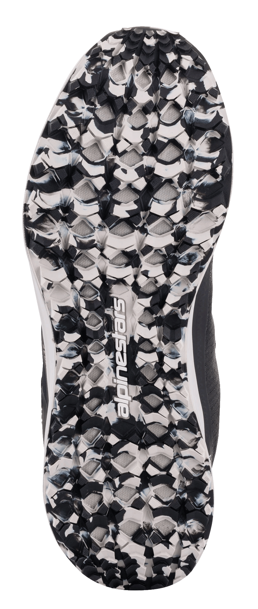 Alpinestars Speedforce-skor, detalj på yttersula, marmorerad svart och vit, strukturerat mönster med central Alpinestars-logotyp, avslappnad motorcykelsko designad för grepp och komfort
