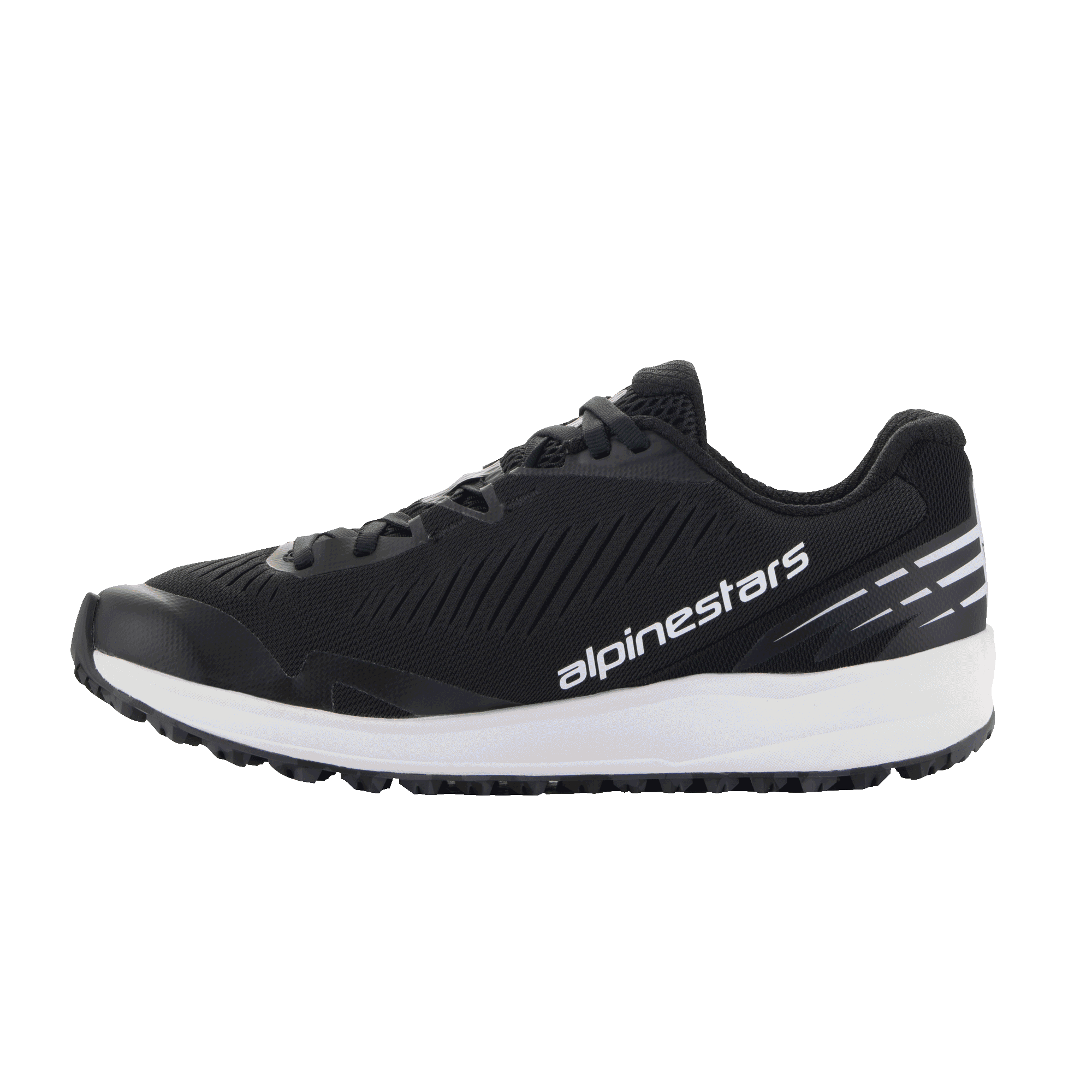 Alpinestars Meta Road V2-skor, sportskor, svarta och vita, ovandel i ventilerande mesh med diagonala texturerade räfflor, tjock vit mellansula, vit Alpinestars-logotyp på sidan, vita ränder på hälen, atletisk design för vardagsbruk och racingteamets arbetskläder