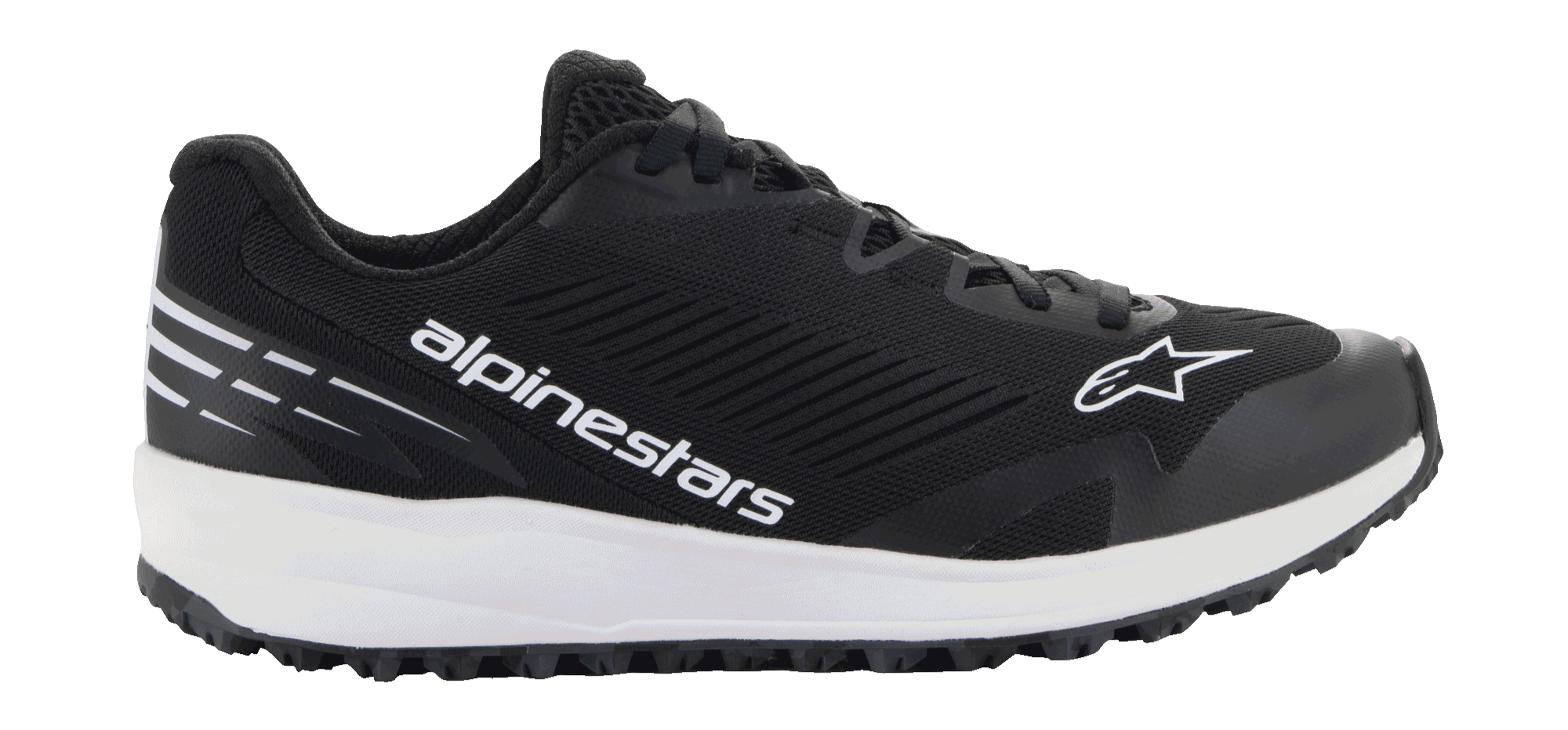 Alpinestars Meta Road V2-skor, svarta atletiska skor med en tjock vit sula, vit Alpinestars-text och stjärnlogotyp, texturerad ovandel i mesh, svarta skosnören och grovmönstrad yttersula, lätt sportig design för racingteamets arbetskläder och vardagsbruk