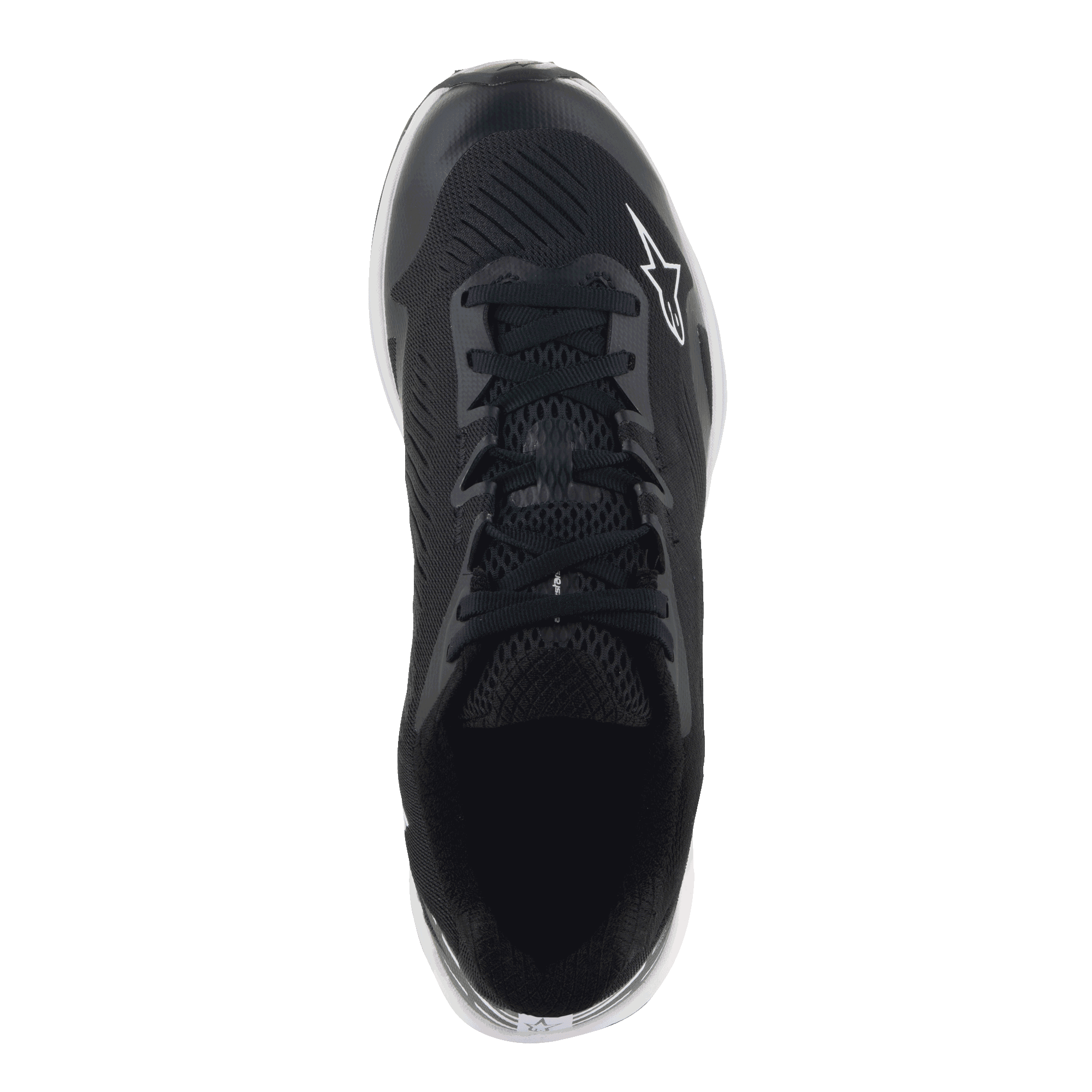Alpinestars Meta Road V2 Shoes, sportskor, svarta och vita, vy uppifrån som visar ventilerande ovandel i syntetisk mesh, svarta skosnören och vit Astars-logotyp, designad för komfort hela dagen och som arbetskläder för racingteam.