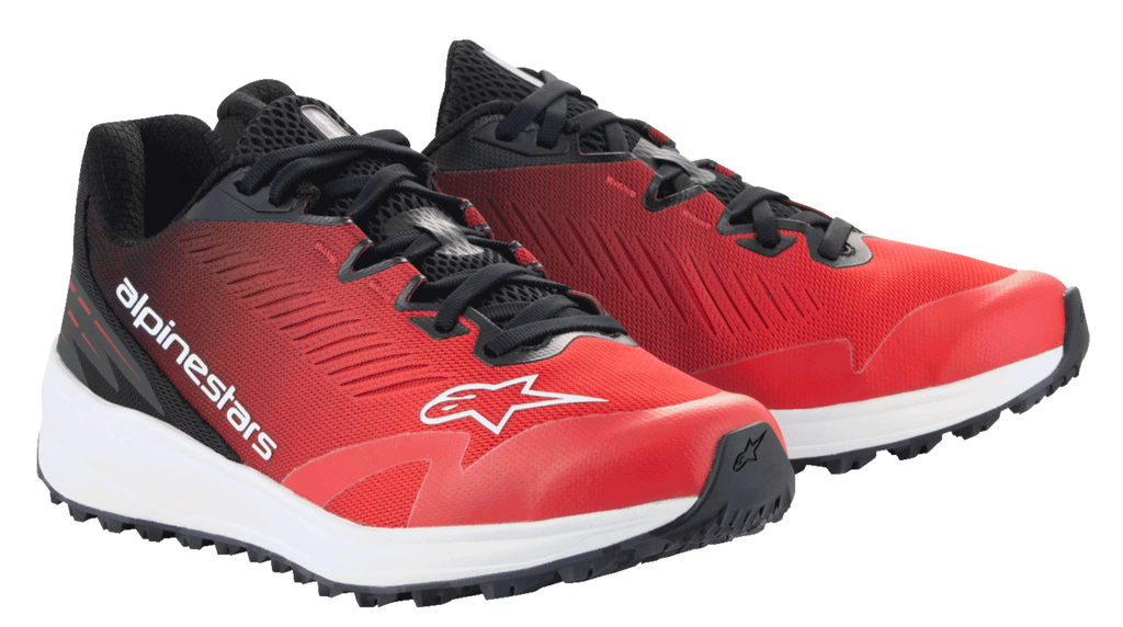 Alpinestars Meta Road V2 Shoes, Sportswear Shoes, Red Black and White, low-cut design with breathable red mesh upper, black accents and laces, white Alpinestars branding, and white cushioned midsole.