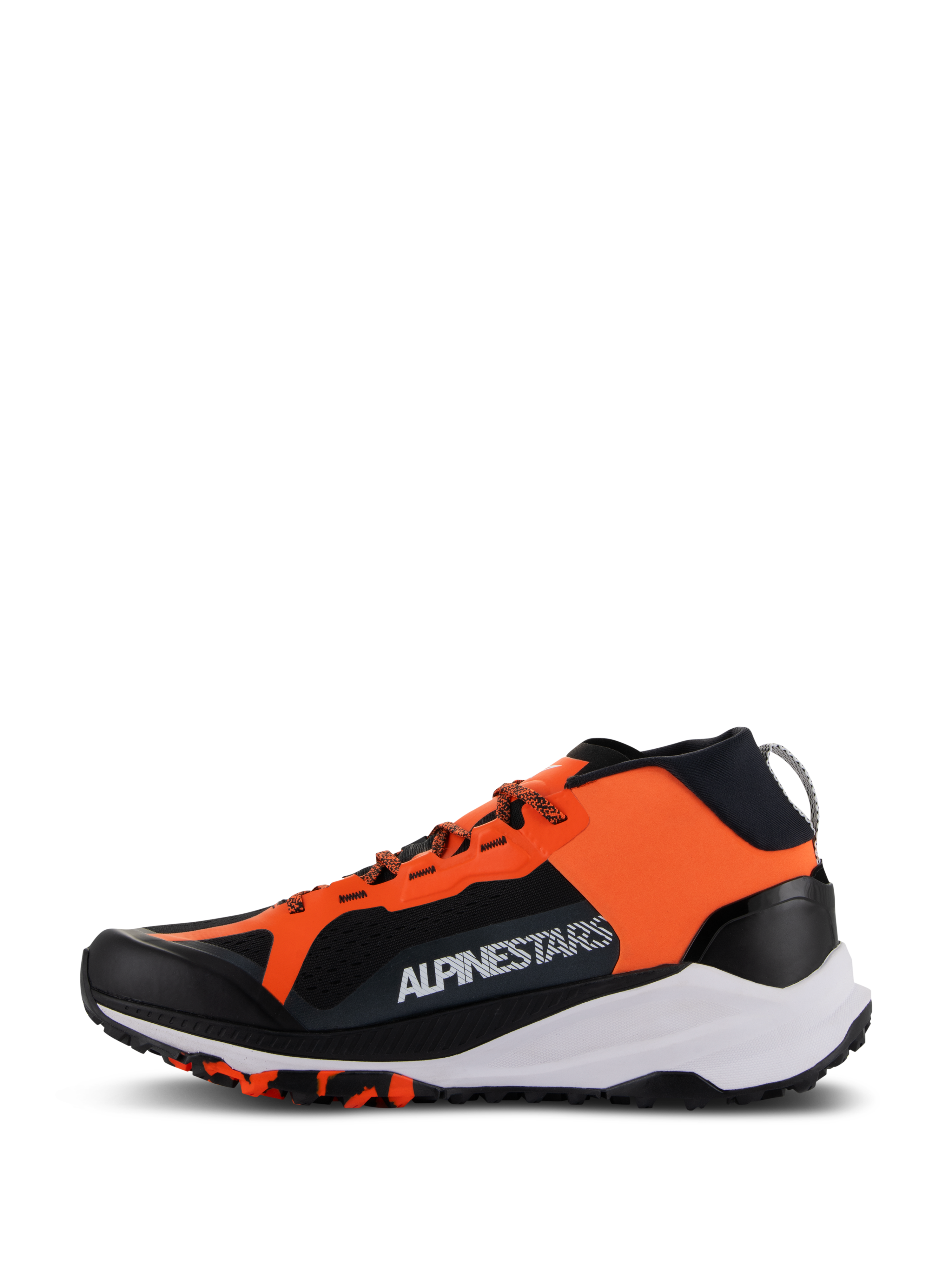 Alpinestars Meta XR V2 Shoes, Sport Casual Shoes, Black Orange and White, profile view featuring vibrant orange panel with white branding, breathable black mesh, thick white midsole, and rugged textured outsole.