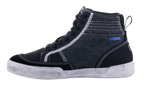 Alpinestars Ageless Riding Shoes, Black and Cool Gray motorcycle shoes, side view, canvas and suede construction with white contrast stitching, high-top sneaker style with off-white sole and black laces.