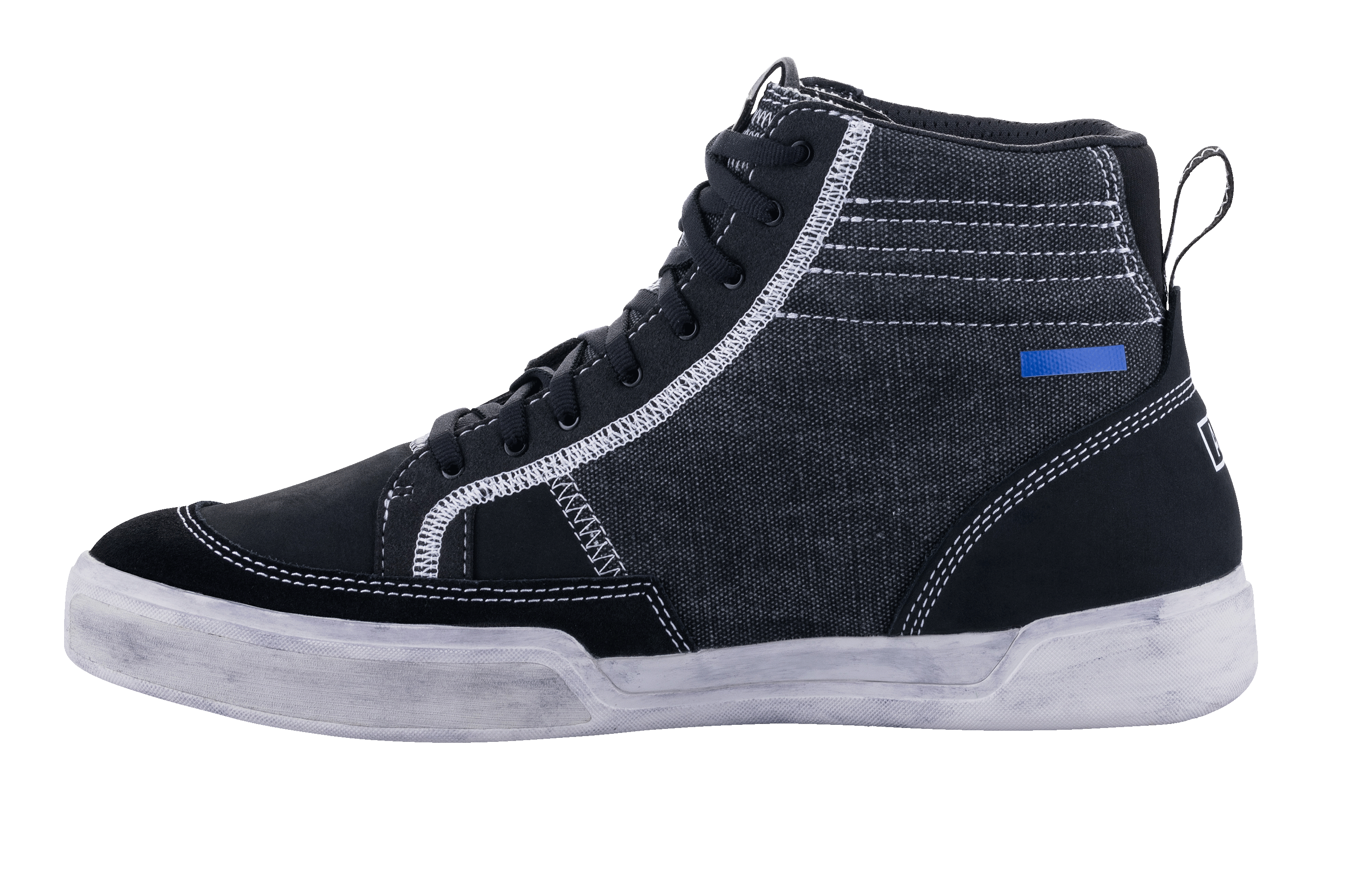 Alpinestars Ageless Riding Shoes, Black and Cool Gray motorcycle shoes, side view, canvas and suede construction with white contrast stitching, high-top sneaker style with off-white sole and black laces.