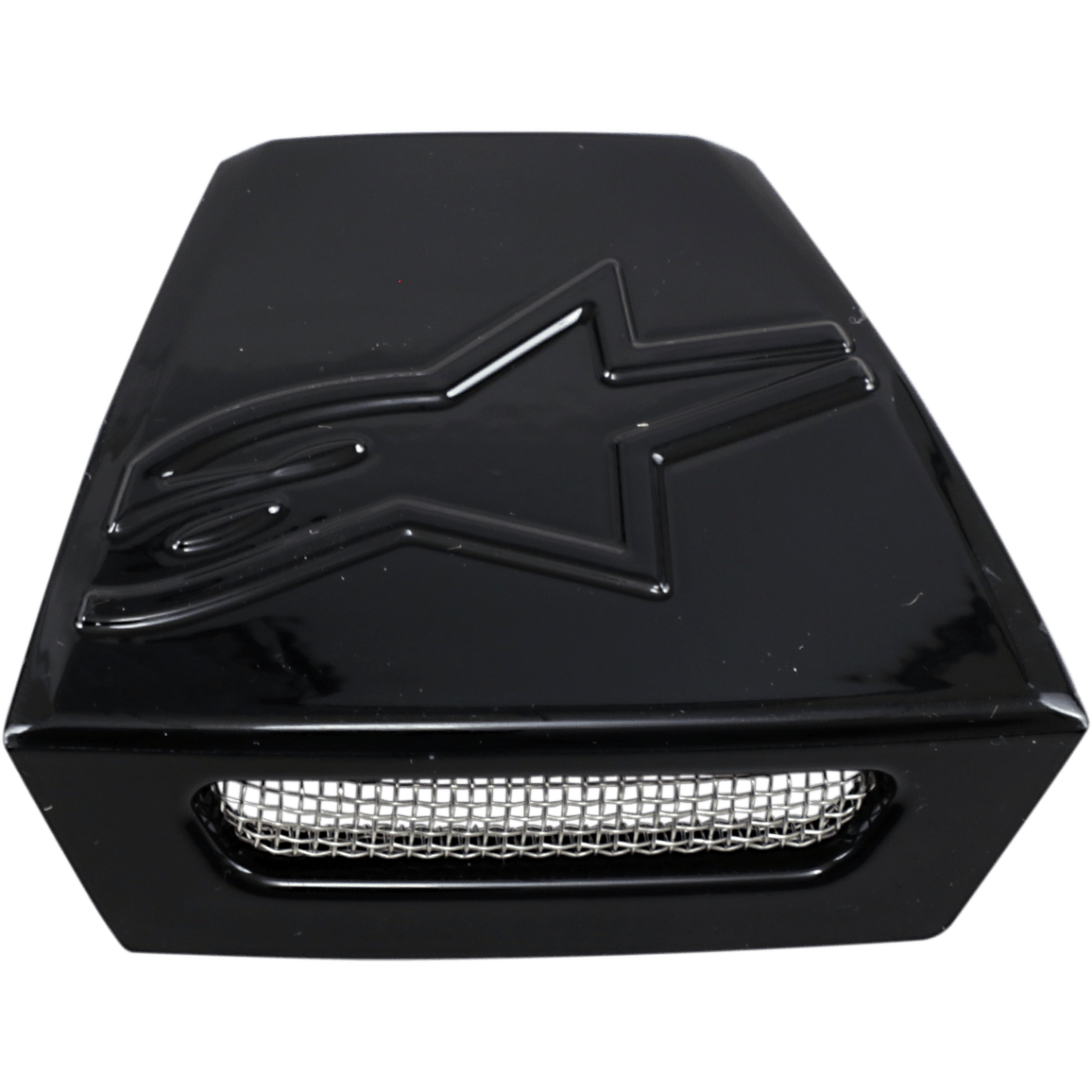 Alpinestars Supertech M10/M8 Helmet Rear Vent Frame, Helmet Accessory, Black Glossy, embossed star logo on the top surface, silver wire mesh grille insert, trapezoidal ventilation component for off-road helmets