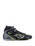 Alpinestars Tech-1 T V3 FIA Racing Shoes, Black and Cool Gray with Yellow Fluo accents, high-top motorsport footwear, perforated bovine leather construction, hook-and-loop ankle strap with laces, white logo and 1T branding, FIA 8856-2018 certified for auto racing