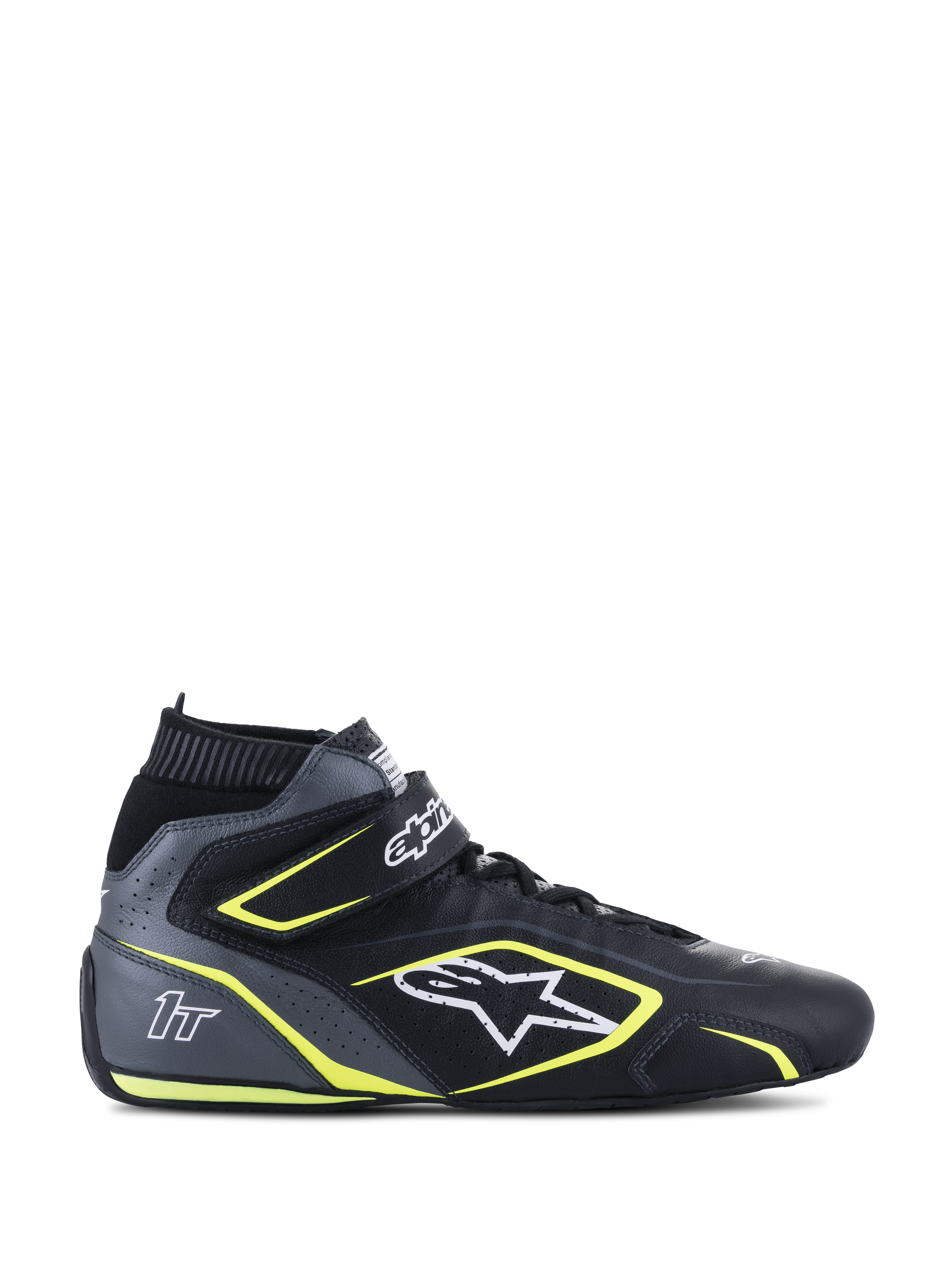 Alpinestars Tech-1 T V3 FIA Racing Shoes, Black and Cool Gray with Yellow Fluo accents, high-top motorsport footwear, perforated bovine leather construction, hook-and-loop ankle strap with laces, white logo and 1T branding, FIA 8856-2018 certified for auto racing